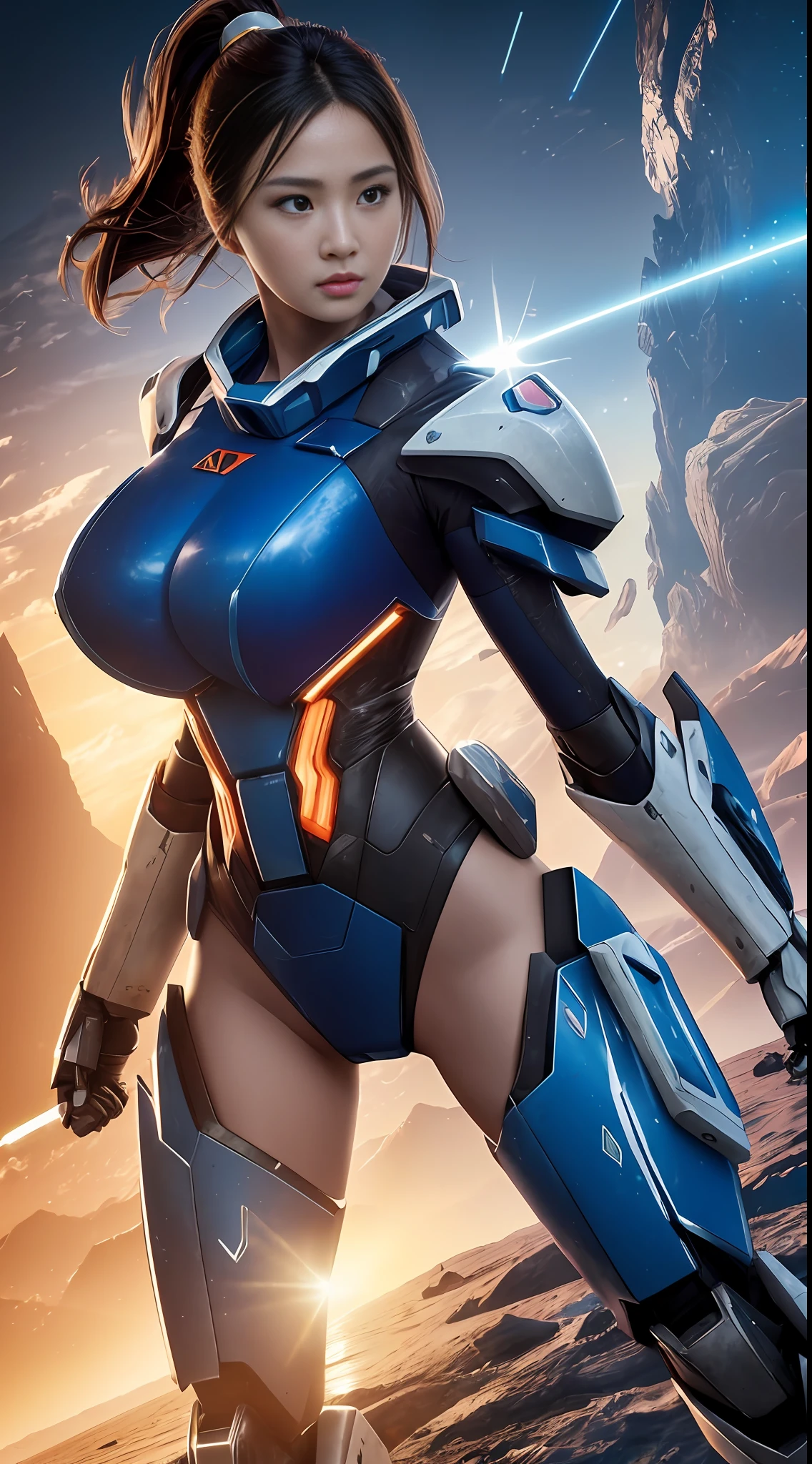 ((Best quality)), ((masterpiece)), (highly detailed:1.3), 3D, beautiful, (cyberpunk:1.2), in space, nebula, holding_weapon, laser, (1Female mecha:1.3), sexy body, facing the audience, Glowing eyes, full body, (flying, swooping down, dynamic, motion blur: 1.4), (huge mech wings: 1.6), looking up, glowing_eyes, mecha, panorama, background is earth, nebula, space, particles, Reality, HDR (High Dynamic Range), Ray Tracing, NVIDIA RTX, Super Resolution, Unreal 5, Subsurface Scattering, PBR Textures, Post Processing, Anisotropic Filtering, Depth of Field, Maximum Clarity and Clarity, Multilayer Textures, Albedo and Specular maps, Surface shading, accurate simulation of light-material interaction, perfect proportions, Octane Render, two-tone lighting, large aperture, low ISO, white balance, rule of thirds, 8K RAW, efficient sub-pixel, sub-pixel volume product,  (best quality),(Japanese:0.5),(korean:0.8), (Liu Yi Fei:1.5) long hair, (big breast:1.2)