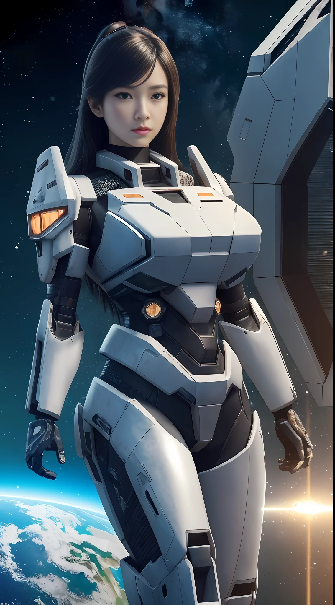 ((Best quality)), ((masterpiece)), (highly detailed:1.3), 3D, beautiful, (cyberpunk:1.2), in space, nebula, holding_weapon, laser, (1Female mecha:1.3), sexy body, facing the audience, Glowing eyes, full body, (flying, swooping down, dynamic, motion blur: 1.4), (huge mech wings: 1.6), looking up, glowing_eyes, mecha, panorama, background is earth, nebula, space, particles, Reality, HDR (High Dynamic Range), Ray Tracing, NVIDIA RTX, Super Resolution, Unreal 5, Subsurface Scattering, PBR Textures, Post Processing, Anisotropic Filtering, Depth of Field, Maximum Clarity and Clarity, Multilayer Textures, Albedo and Specular maps, Surface shading, accurate simulation of light-material interaction, perfect proportions, Octane Render, two-tone lighting, large aperture, low ISO, white balance, rule of thirds, 8K RAW, efficient sub-pixel, sub-pixel volume product, (best quality),(Japanese:0.5),(korean:0.8), (Liu Yi Fei:1.5) long hair, (big breast:1.2)