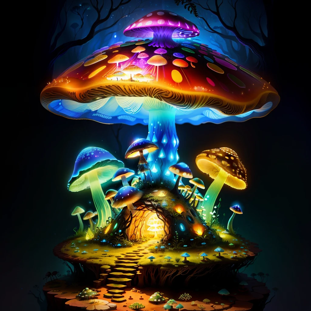 whimsical glowy mushroom anthill, fantasy, realistic, ants, anthill, mystical