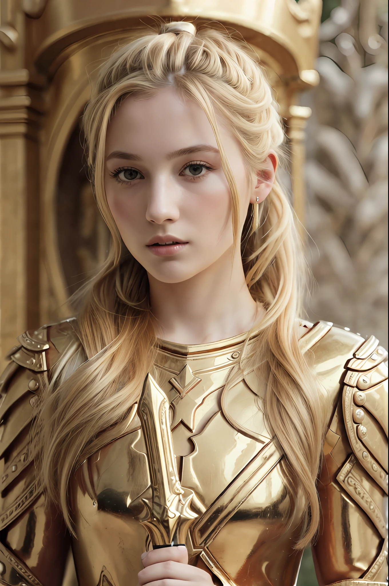 (8K, best quality: 1.2), (masterpiece: 1.37), (photo, realism: 1.37), (ultra-high resolution), full body, walking pose, shot from front, slow motion, female paladin in full body, (holding gold warhammer in hand), (golden holy armor: 1.2), (richly decorated armor), (very detailed, bloom: 1.5), (highest quality, Alessandro Casagrande, Greg Rutkowski, Sally Mann, Concept Art, 4k), (Simulation: 1.2), (High Sharpness), (Detailed Pupil: 1.1), Detailed Face and Eyes, (Eye Ratio 1:1) Masterpiece, Best Quality, (Highly Detailed Photo: 1.1), (Long Blonde, Ponytail, Ecstatic: 1.1), (Young Women: 1.1), Sharp, (Perfect Body: 1.1), realistic, real shadow, 3d, (temple background:1.2), (by Michelangelo), photo by Canan EOS R6, 135mm, 1/1250s, f/2.8, ISO 400