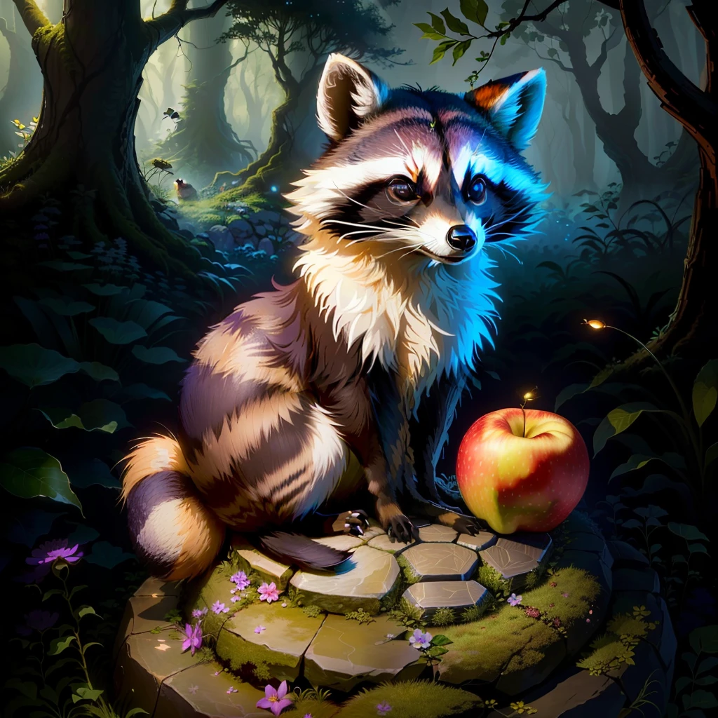 Raccoon sitting on a rock as an anthill, in the forest, tendrils, apples lying around, fireflies, idyllic, flowers, ants everywhere masterpiece, beautiful, 4k, realistic cartoon, mega realistic, scaled, centered, clear image