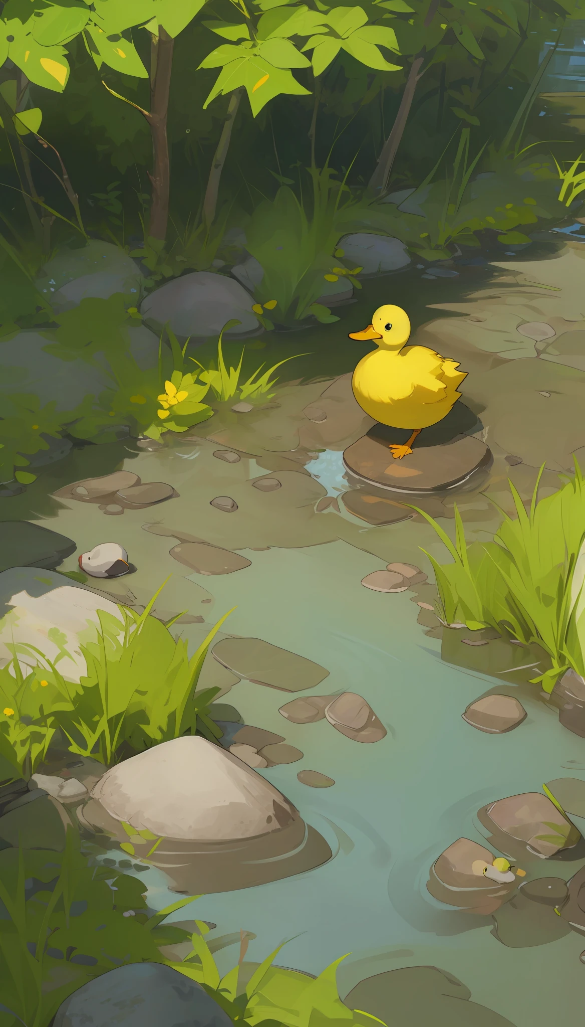 A cute yellow duckling, on the edge of a small river, with stones and grass, leaves of trees in the river water, quiet and relaxing place, Masterpiece, best quality, (CG 8k wallpaper very detailed), (best quality), (best illustration), (best shadows)