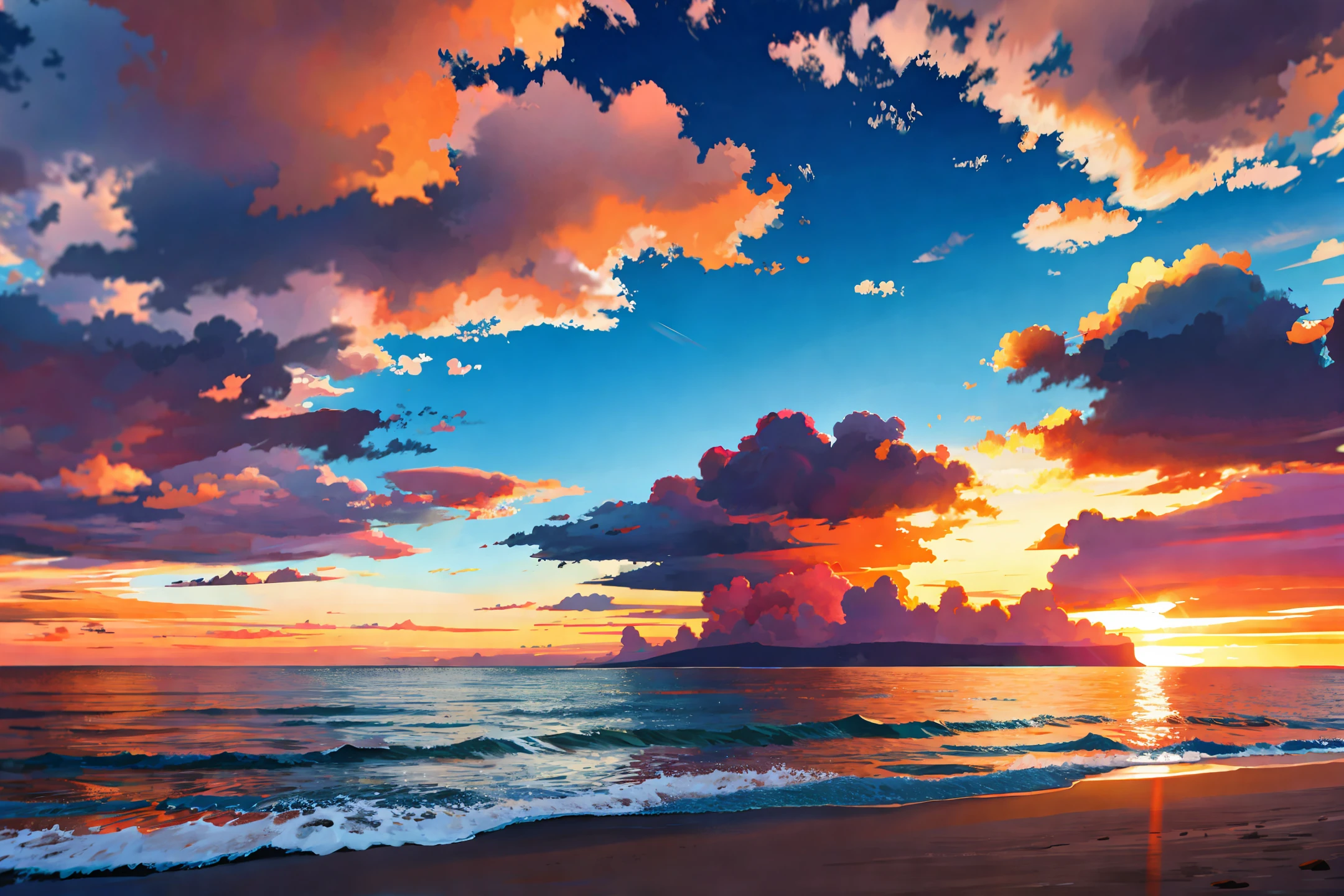 Beautiful sunset on the "Kurshskaya Kosa" beach, with multicolored sky and calm sea. A couple of seagulls flying over the water. High resolution with ultra-detailed 8K resolution, best illumination, and shadow quality.