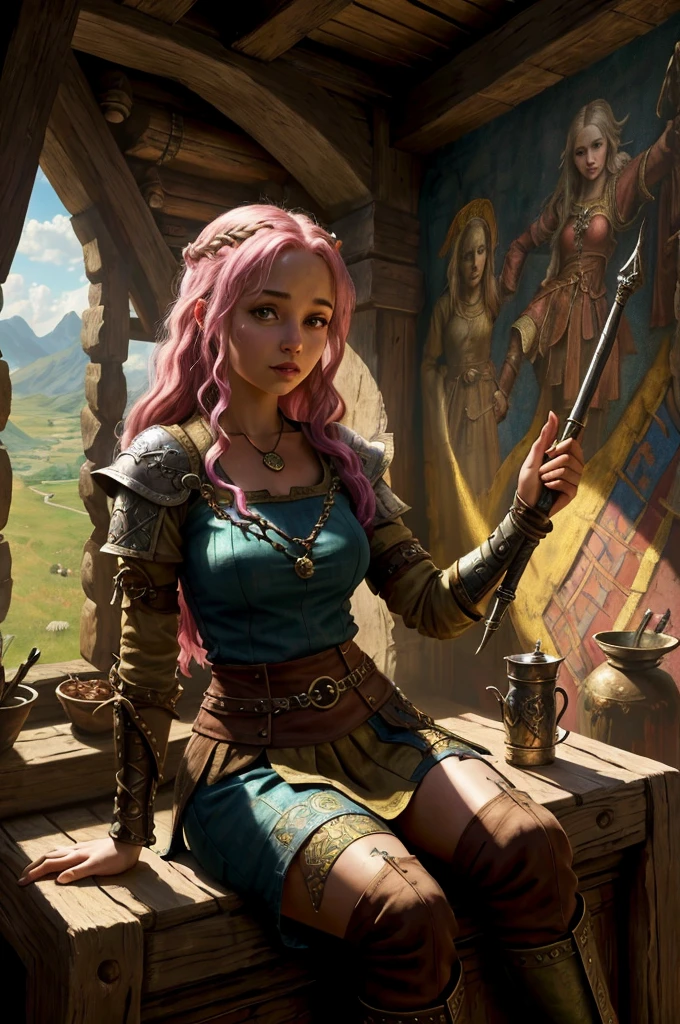 zrpgstyle, scavenger girl, sitting in a medieval fantasy tavern interior, colorful tapestries on the walls Game of Thrones Hogwarts bright morning sunlight shining in from windows Clutter-Home, (masterpiece:1.2) (best quality) (detailed) (intricate) (8k) (HDR) (wallpaper) (cinematic lighting) (sharp focus)