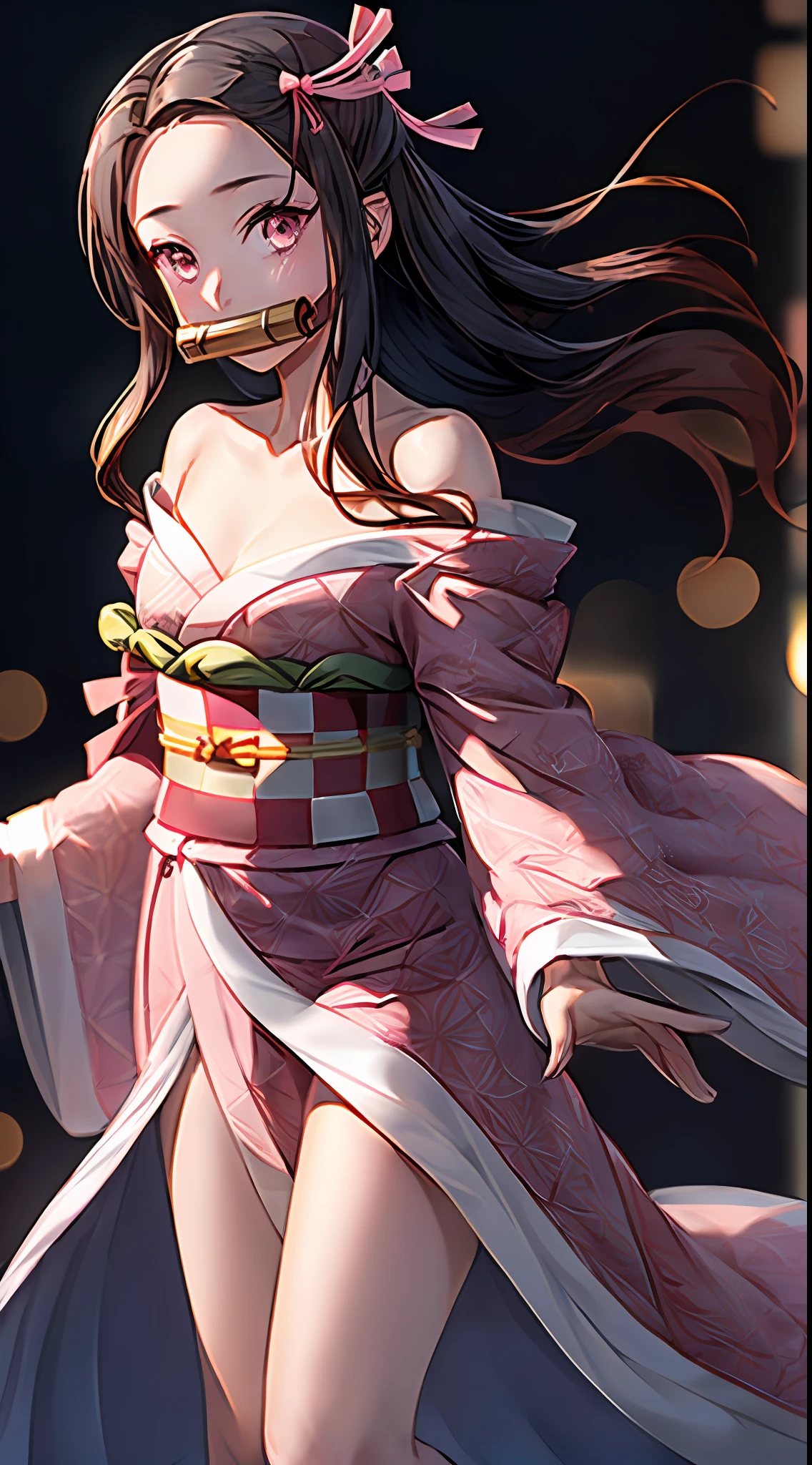 Masterpiece, Best Quality, High Resolution, venus1, 1girl, solo, Tsuko Kamato, Bamboo, brown hair, (((pink ribbon)) checkered belt, gag, gag, gradient hair, haori, japanese clothes, kimono, long hair, looking at the audience, pink eyes, pink kimono, pink ribbon, solo, full body, front, background bokeh (85mm lens), (((left shoulder exposed)))