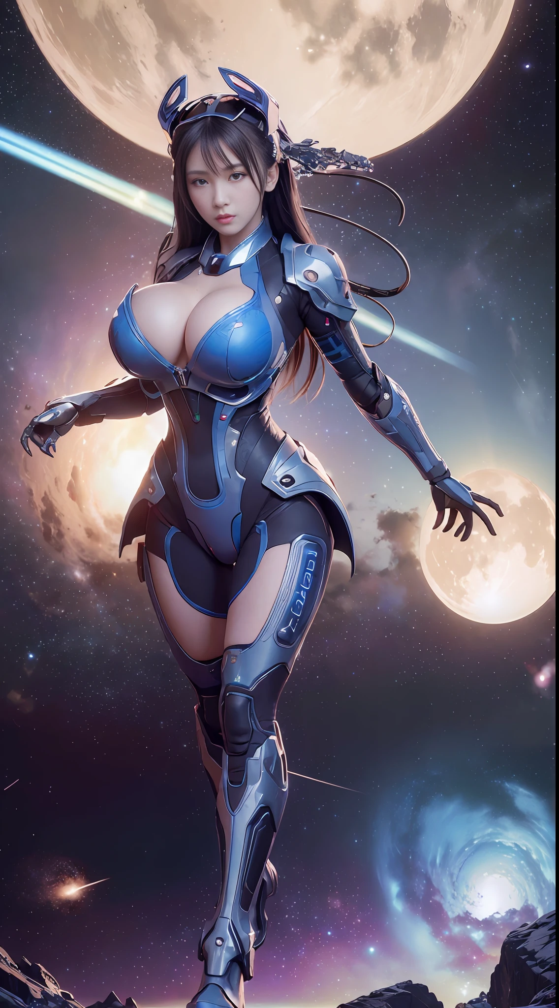 ((Best quality)), ((masterpiece)), (highly detailed:1.3), 3D, beautiful, (cyberpunk:1.2), in space, nebula, holding_weapon, laser, (1Female mecha:1.3), sexy body, facing the audience, Glowing eyes, full body, (flying, swooping down, dynamic, motion blur: 1.4), (huge mech wings: 1.6), looking up, glowing_eyes, mecha, panorama, background is earth, nebula, space, particles, Reality, HDR (High Dynamic Range), Ray Tracing, NVIDIA RTX, Super Resolution, Unreal 5, Subsurface Scattering, PBR Textures, Post Processing, Anisotropic Filtering, Depth of Field, Maximum Clarity and Clarity, Multilayer Textures, Albedo and Specular maps, Surface shading, accurate simulation of light-material interaction, perfect proportions, Octane Render, two-tone lighting, large aperture, low ISO, white balance, rule of thirds, 8K RAW, efficient sub-pixel, sub-pixel volume product, (best quality),(Japanese:0.5),(korean:0.8), (Liu Yi Fei:1.5) long hair, (big breast:1.2)