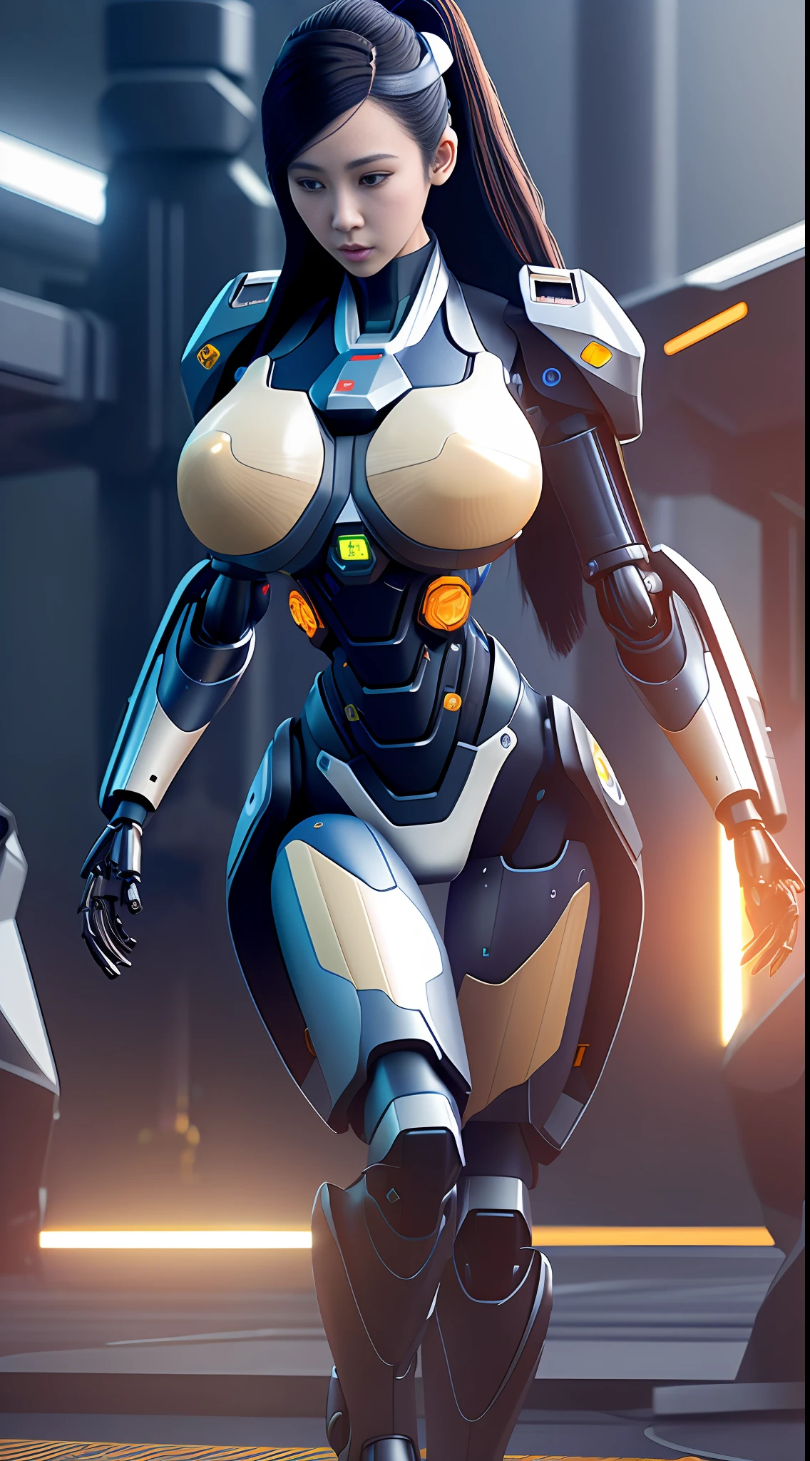 ((Best quality)), ((masterpiece)), (highly detailed:1.3), 3D, beautiful, (cyberpunk:1.2), in space, nebula, holding_weapon, laser, (1Female mecha:1.3), sexy body, facing the audience, Glowing eyes, full body, (flying, swooping down, dynamic, motion blur: 1.4), (huge mech wings: 1.6), looking up, glowing_eyes, mecha, panorama, background is earth, nebula, space, particles, Reality, HDR (High Dynamic Range), Ray Tracing, NVIDIA RTX, Super Resolution, Unreal 5, Subsurface Scattering, PBR Textures, Post Processing, Anisotropic Filtering, Depth of Field, Maximum Clarity and Clarity, Multilayer Textures, Albedo and Specular maps, Surface shading, accurate simulation of light-material interaction, perfect proportions, Octane Render, two-tone lighting, large aperture, low ISO, white balance, rule of thirds, 8K RAW, efficient sub-pixel, sub-pixel volume product,  (best quality),(Japanese:0.5),(korean:0.8), (Liu Yi Fei:1.5) long hair, (big breast:1.2)