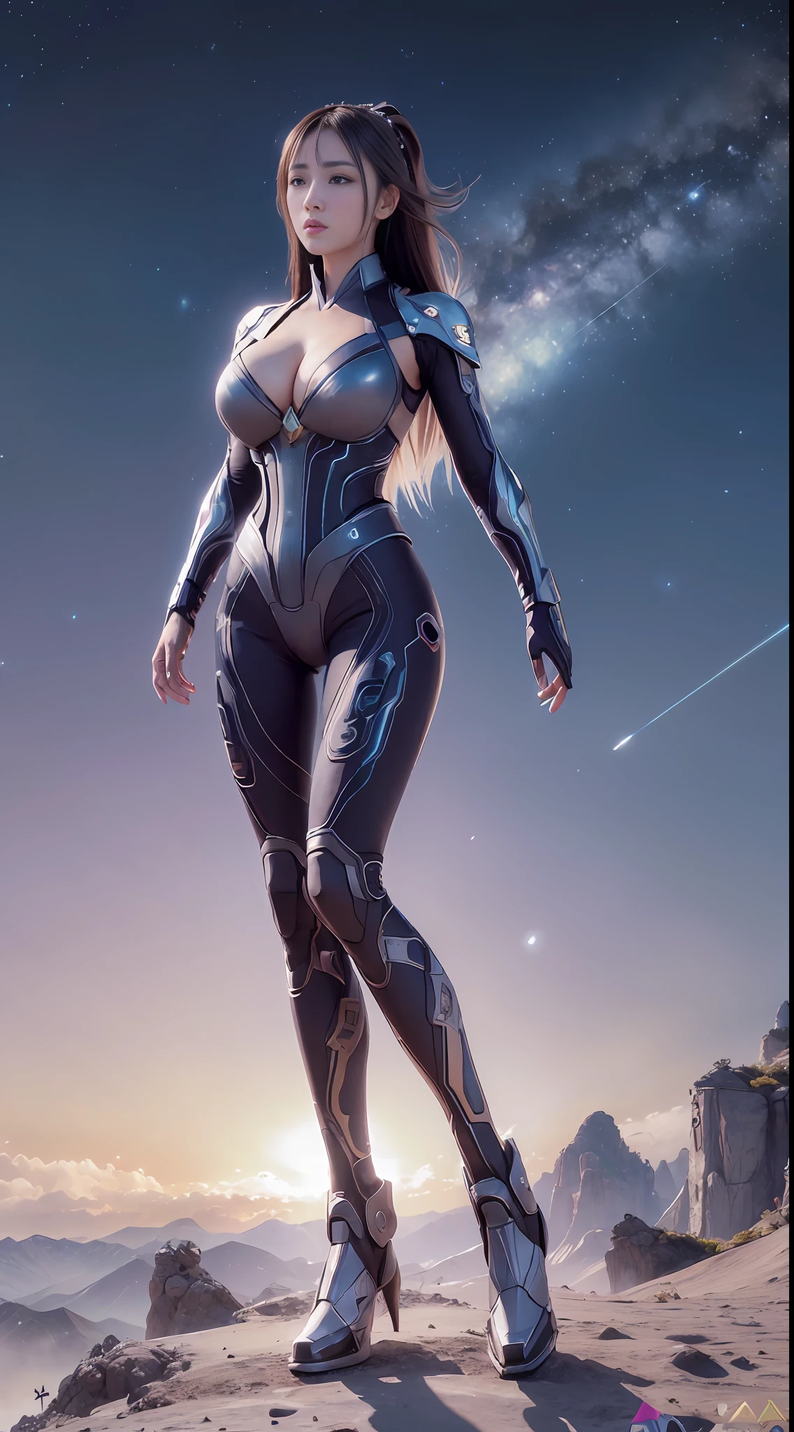((Best quality)), ((masterpiece)), (highly detailed:1.3), 3D, beautiful, (cyberpunk:1.2), in space, nebula, holding_weapon, laser, (1Female mecha:1.3), sexy body, facing the audience, Glowing eyes, full body, (flying, swooping down, dynamic, motion blur: 1.4), (huge mech wings: 1.6), looking up, glowing_eyes, mecha, panorama, background is earth, nebula, space, particles, Reality, HDR (High Dynamic Range), Ray Tracing, NVIDIA RTX, Super Resolution, Unreal 5, Subsurface Scattering, PBR Textures, Post Processing, Anisotropic Filtering, Depth of Field, Maximum Clarity and Clarity, Multilayer Textures, Albedo and Specular maps, Surface shading, accurate simulation of light-material interaction, perfect proportions, Octane Render, two-tone lighting, large aperture, low ISO, white balance, rule of thirds, 8K RAW, efficient sub-pixel, sub-pixel volume product,  (best quality),(Japanese:0.5),(korean:0.8), (Liu Yi Fei:1.5) long hair, (big breast:1.2)