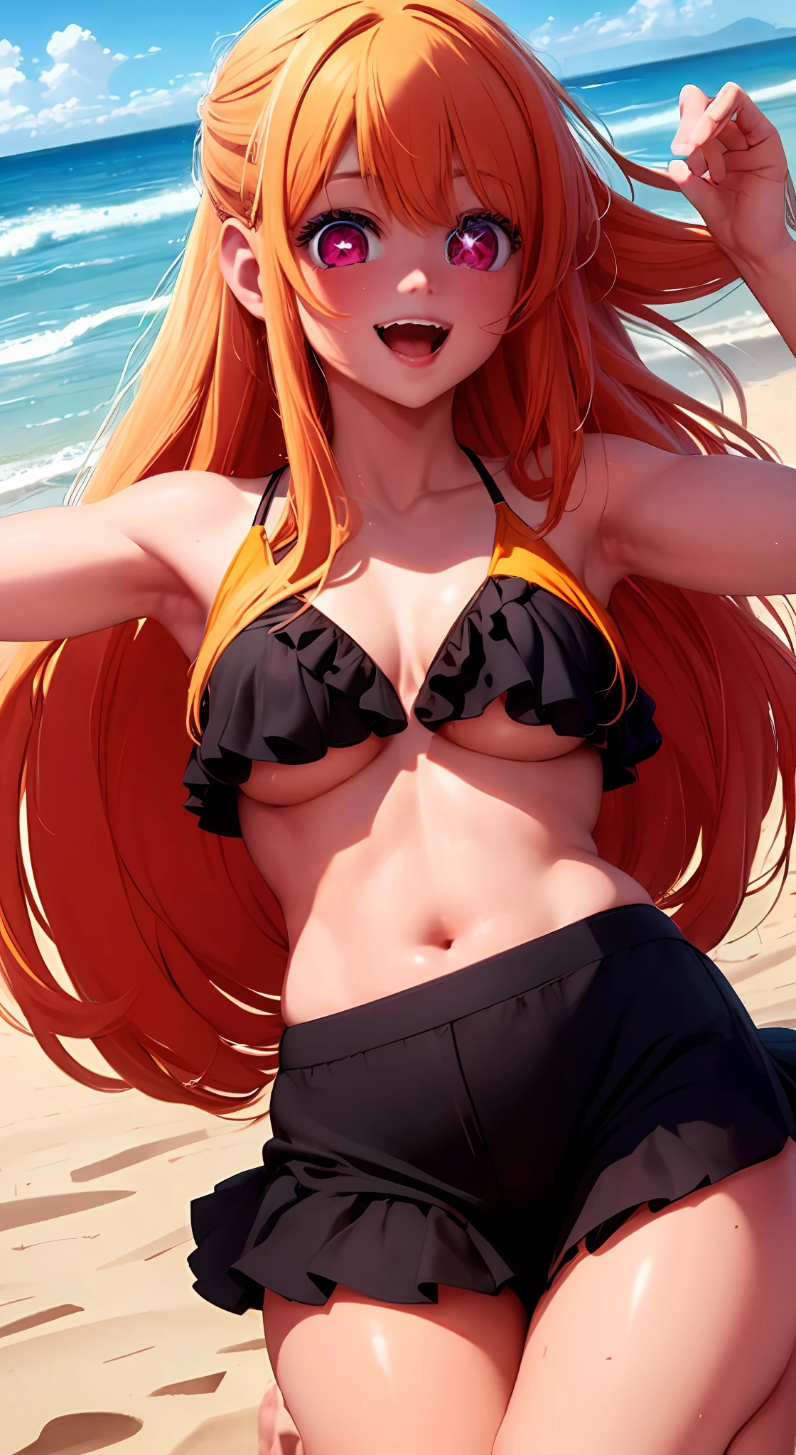 1girl, solo, star-shaped pupils in left eye, orange hair, long hair, pink eyes, multicolored bikini, blonde, bangs,happy,posing, multicolored hair, beach background