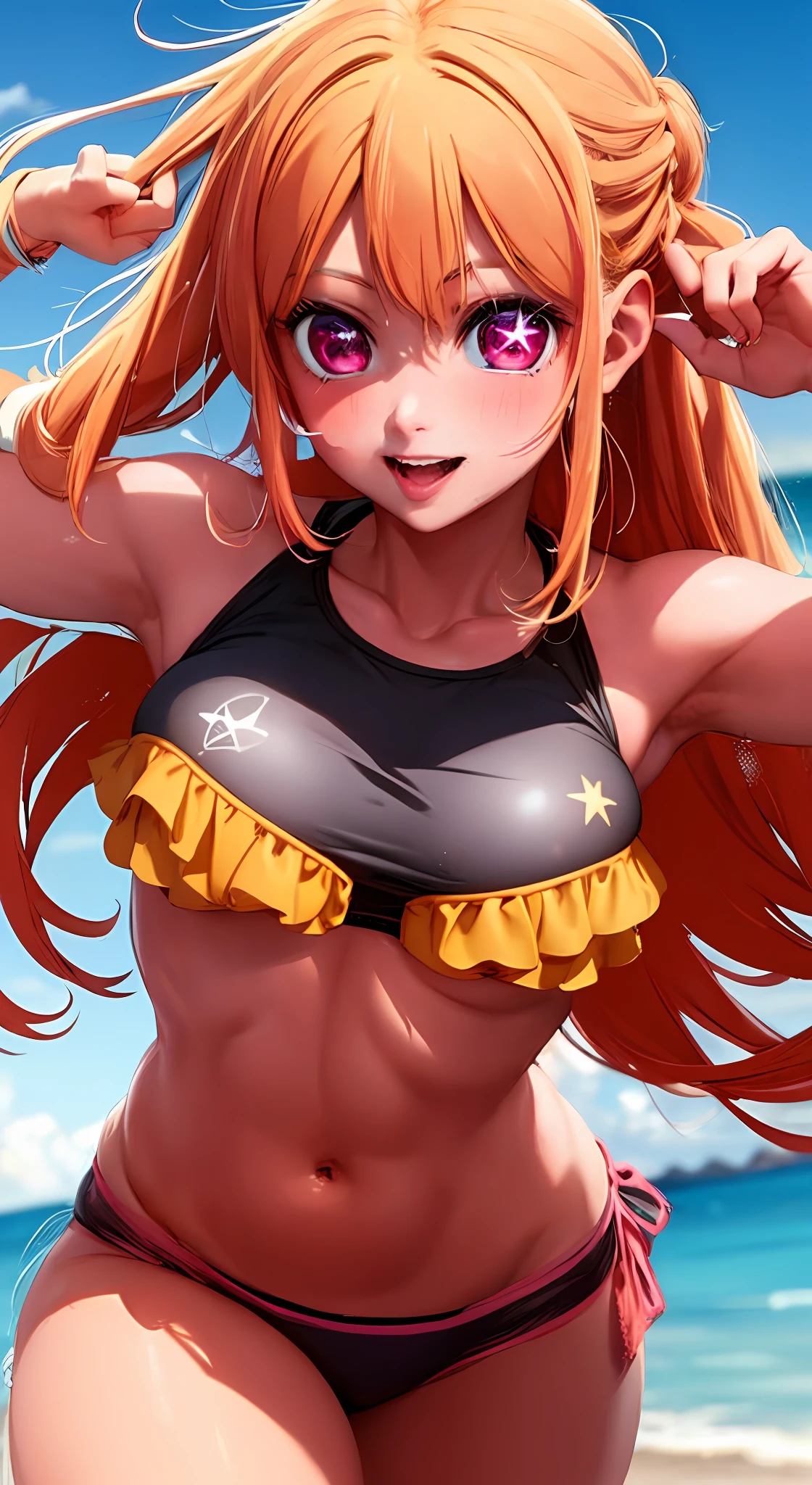 1girl, solo, star-shaped pupils in left eye, orange hair, long hair, pink eyes, multicolored bikini, blonde, bangs,happy,posing, multicolored hair, beach background