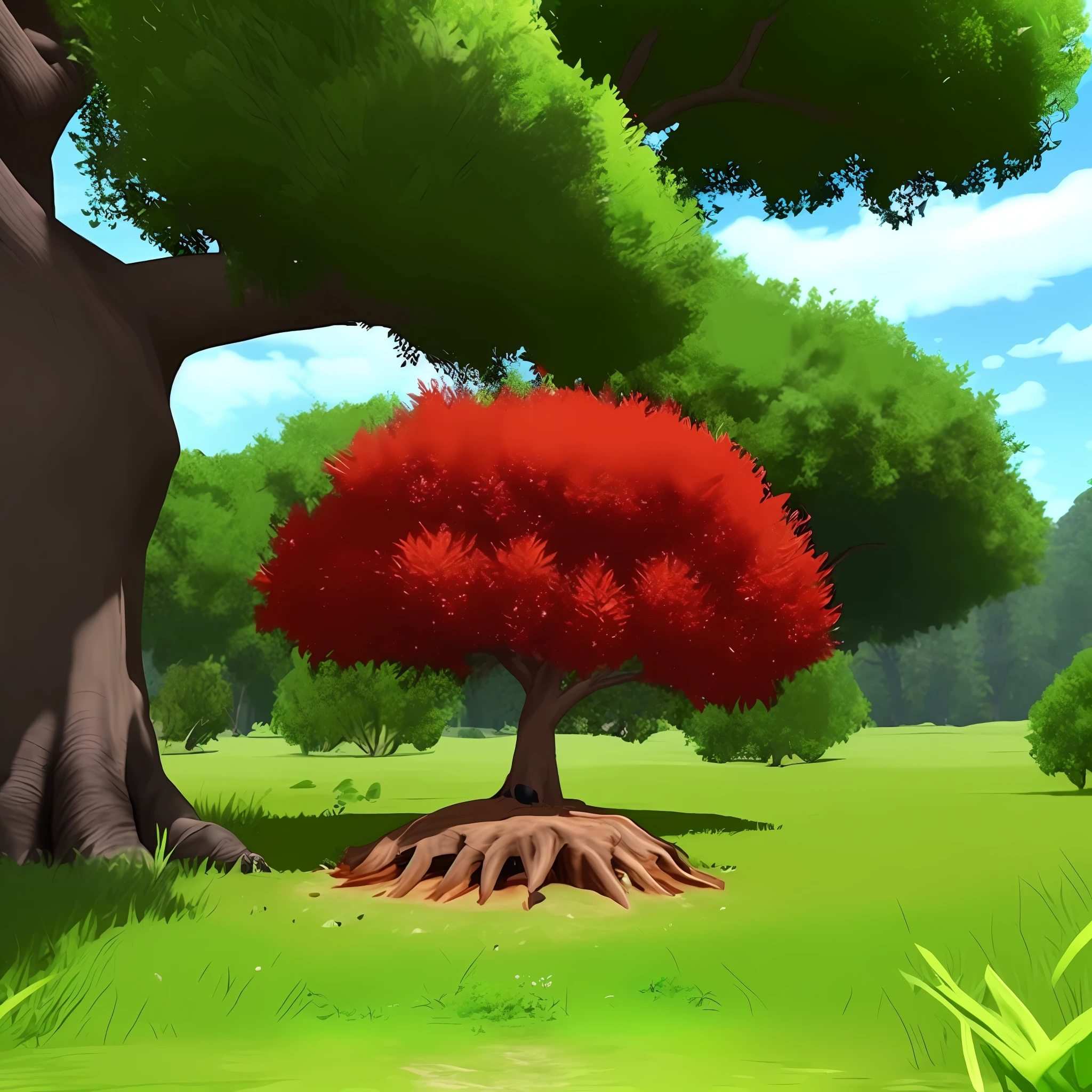 a red poke ball shape ant hill with a huge tree in the paradise hd , HDR 4k, 8k upscale