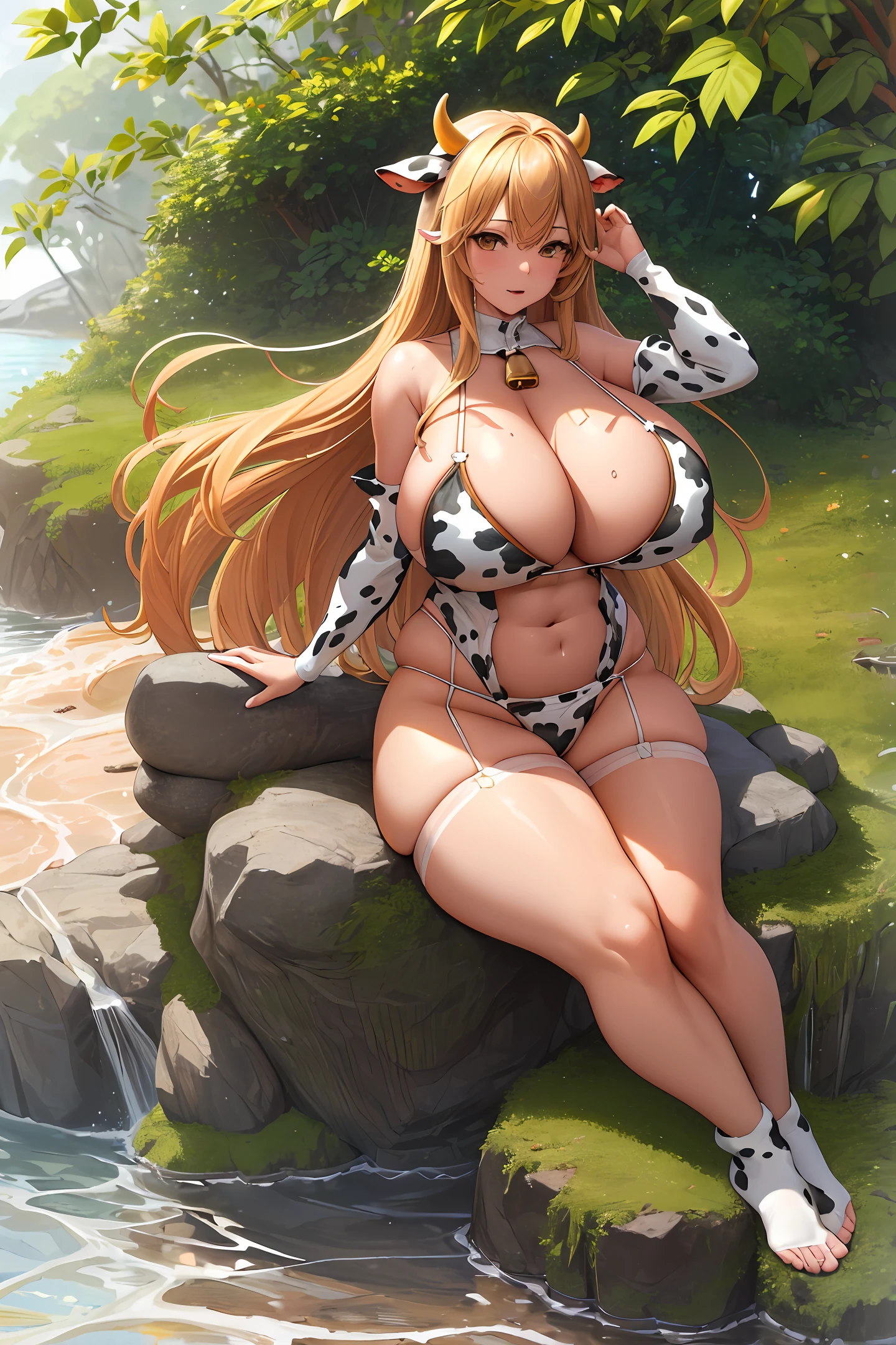 (Ultra Quality,Masterpiece,Ethereal:1.4)nagatiti(Gigantic Breasts:1.6)(hanging breasts: 1.5)(breasts squeeze: 1.3)(bimbo 1.4)(Disproportional Tits: 1.4)(Realism:1.2)(Realisitc:1.2)(Absurdres:1.4)8K,Ultra-Detailed,((Detailed Beautiful Mature Face)), Slutty Expression,Gyaru,Adult Rocks,Coast,(Shore:1.2) (Sitting:1.4)Sitting on Rock,Trees,Plants,(Bush:1.2)Waves(Causting:1.2)(Hyper-Detailed Water:1.1) (Solo:1.4)1Girl(Facing Viewer:1.2)Intricate Body Details(Milf: 1.5)(Curvy:1.3)Average Waist,Thick Thighs,Yuuki Asuna,Honey Blonde Hair[Long Hair](Sidelocks:1.2)(Cow Clothing:1.3)Seductive Posture,Sexy Pose,Alluring[[[[intricate-perfect-fingers-on-hands]]]]Perfect_Hyper_Detailed_Orange_Eyes,