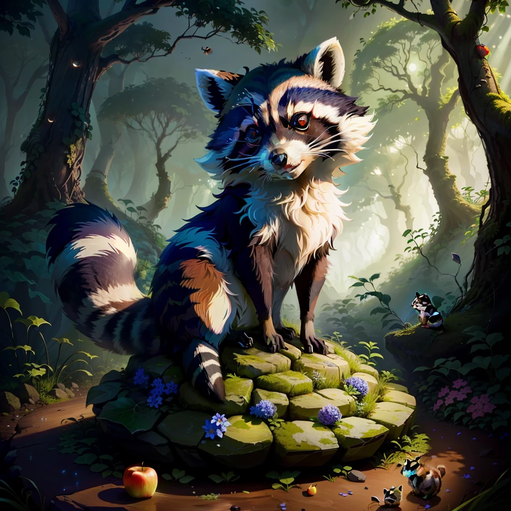 Raccoon sitting on a rock as an anthill, in the forest, tendrils, apples lying around, fireflies, idyllic, flowers, ants everywhere masterpiece, beautiful, 4k, realistic cartoon, mega realistic, scaled, centered
