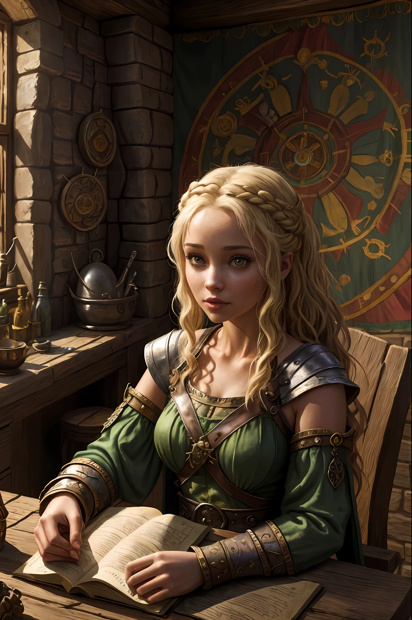 zrpgstyle, scavenger girl, sitting in a medieval fantasy tavern interior, colorful tapestries on the walls Game of Thrones Hogwarts bright morning sunlight shining in from windows Clutter-Home, (masterpiece:1.2) (best quality) (detailed) (intricate) (8k) (HDR) (wallpaper) (cinematic lighting) (sharp focus)