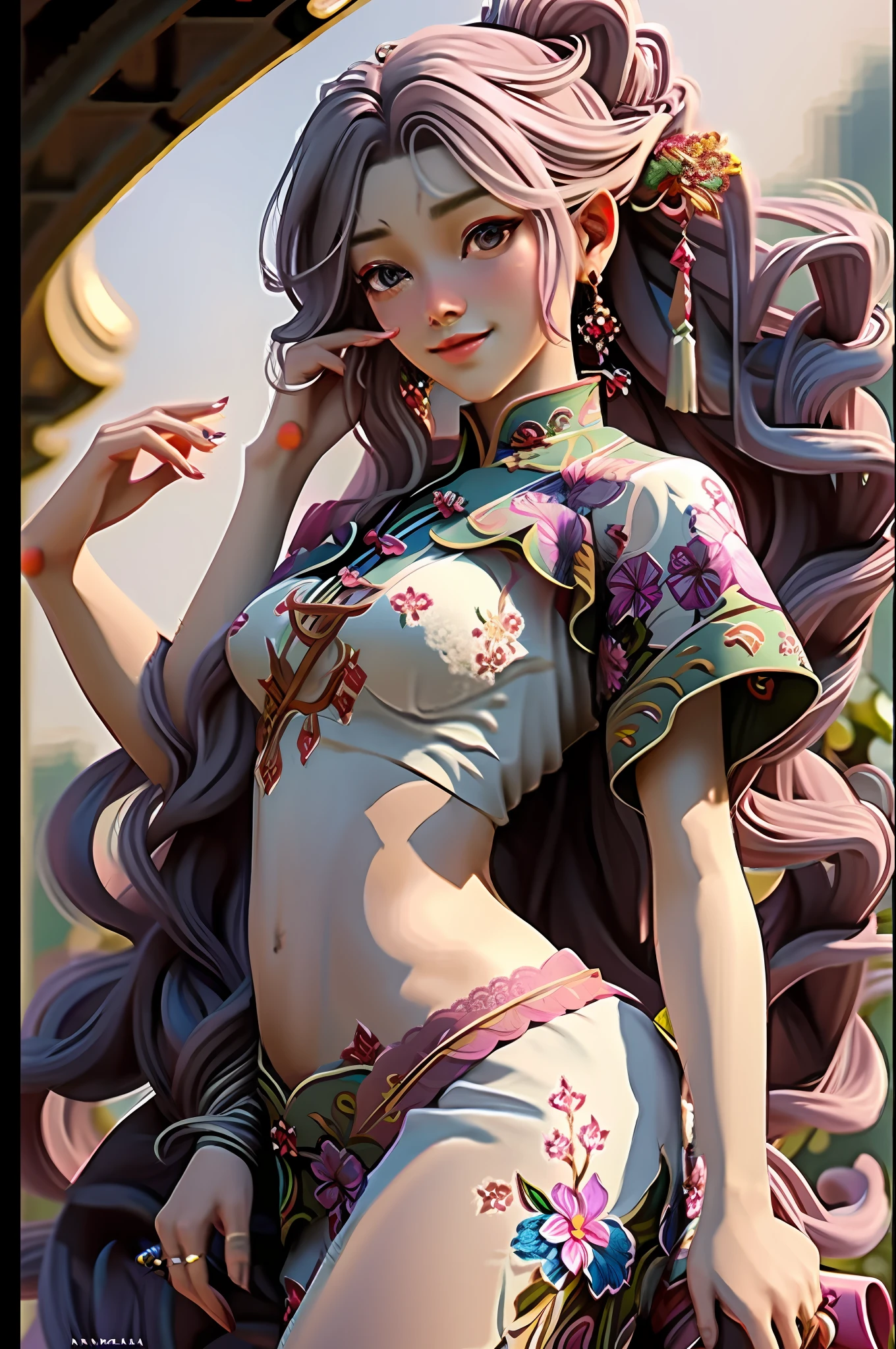 GeminiArmor, Masterpiece, Best Quality, Focus, 1girl, Solo, Long White Hair, Official Art, Uniform 8k Wallpaper, Ultra Detailed, Beautiful and Aesthetic, Masterpiece, Best Quality, Realism, (Zentangle, Mandala, Tangled, Entangled), (Fractal Art), (Silk Ecstasy: 1.5 ), Cobweb, Chains, Extremely Meticulous, Dynamic Angle, Epic Composition, Most Beautiful Chaotic Forms, Elegance, Fauvist Design, Bright Colors, Romanticism, Stroke Flowers, Gray Mist, Smile, in traditional Chinese style, zbrush, contrasting light and dark tones, children's book illustration, Chinese punk, captivating visual narrative, innovative page design