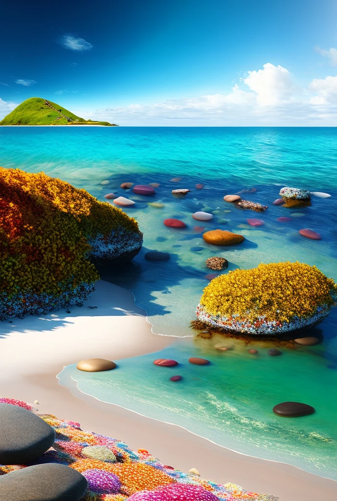 East Pole Island, Beach, Tide, Waves, Noon, Sunny, Transparent Pebbles, Ultra-realistic, Surreal, 16k HD, Rainbow Umbrella,