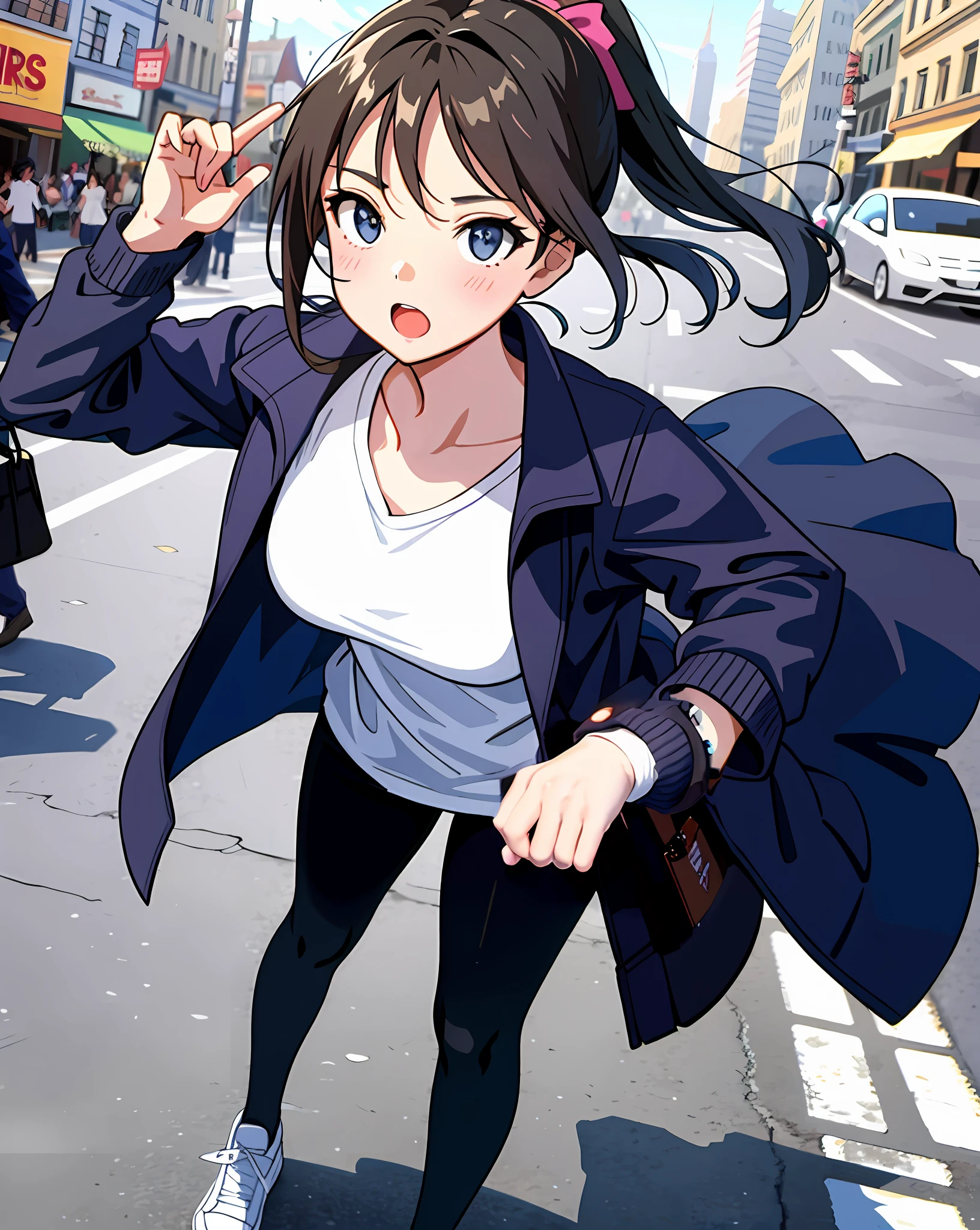 anime girl in a white shirt and black jacket on a city street, the anime girl is running, nagatoro, anime moe artstyle, anime visual of a cute girl, makoto shinkai style, marin kitagawa fanart, makoto shinkai art style, with index finger, makoto shinkai and artgerm, attractive anime girl, female action anime girl