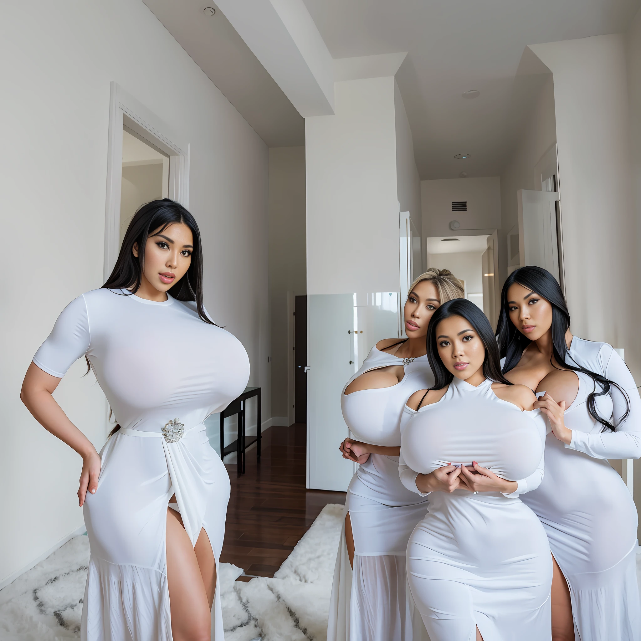 three bimbo women in white dresses posing for a picture in a room, in white clothes, latinas, asian women, all white, thicc, taken with canon 5d mk4, very very busty wearing white cloths, dressed in white, latina, bottom angle, dressed in white robes, promo shot, dressed in a beautiful white, curvy, hdr, detailed,hyperrealistict, reddit, street art, stunning goddess shot, thicc, really huge bust, highly detailed giantess shot, curvy build, sfw huge breasts, busty, epic and stunning, extremely oversized boobs,smooth curvatures,posing and flirting, asymmetrical bodies,