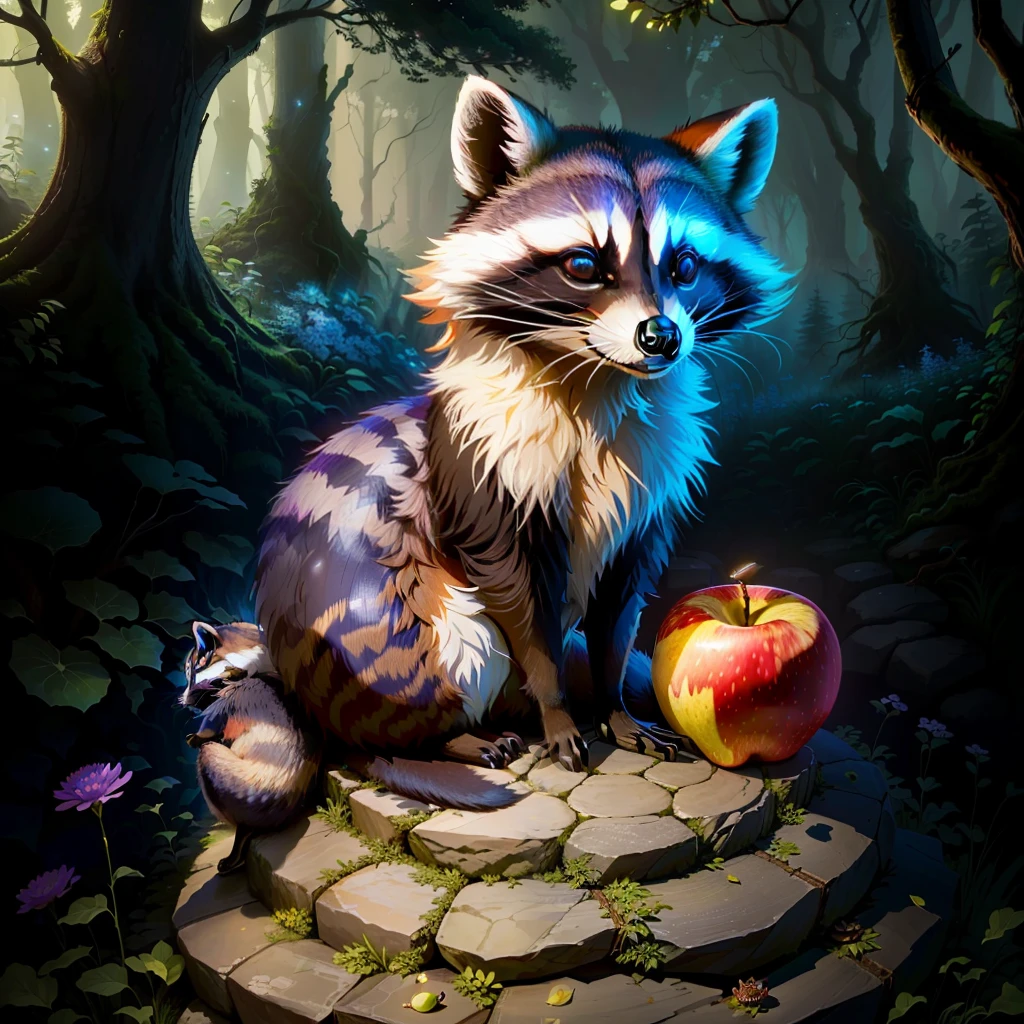 Raccoon sitting on a rock as an anthill, in the forest, tendrils, apples lying around, fireflies, idyllic, flowers, ants everywhere masterpiece, beautiful, 4k, realistic cartoon, mega realistic, scaled, centered, clear image
