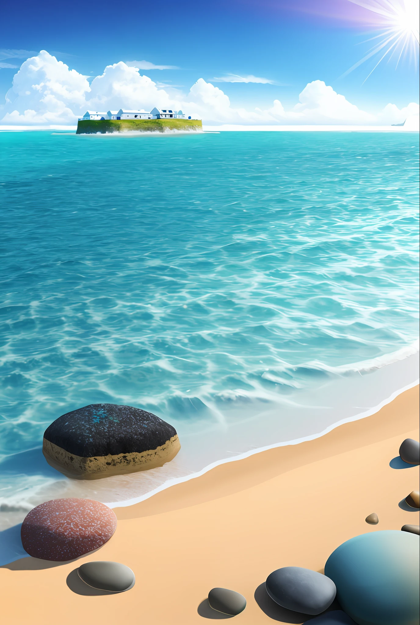 East Pole Island, Beach, Tide, Waves, Noon, Sunny, Transparent Pebbles, Ultra-realistic, Surreal, 16k HD, Rainbow Umbrella,