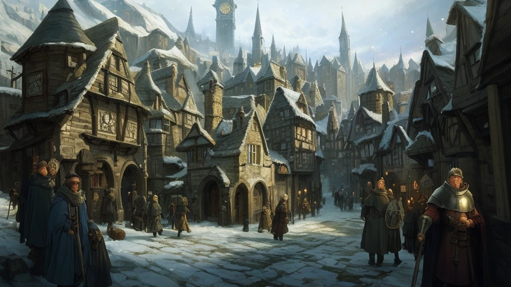 This is a winter concept art image of a medieval fantasy town with a clock tower towering in the middle of the town and surrounded by bustling magical town streets, painted by Andreas Rocha. In this marvelous town setting, you can see medieval period buildings and villages, pictorial style painting concept art.