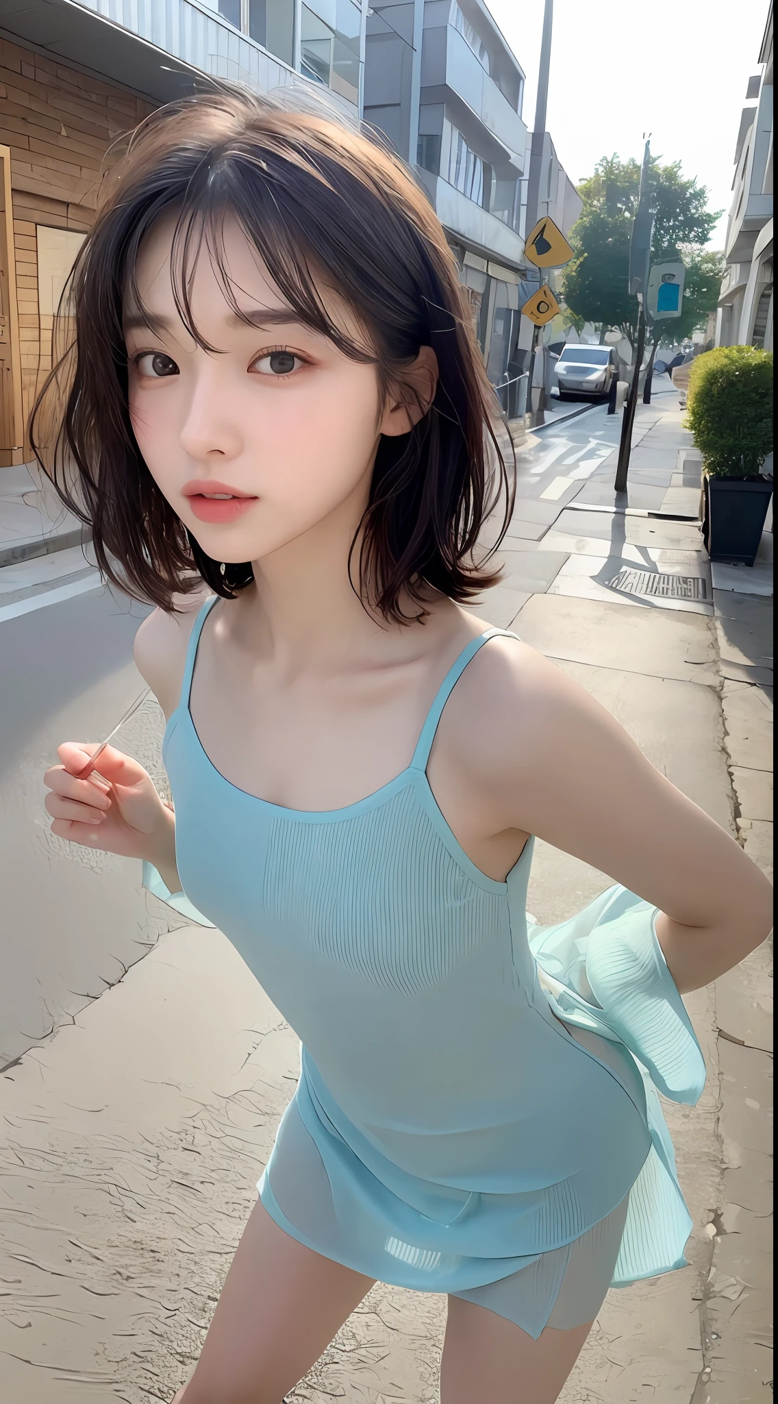 ((Top Quality, 8k, Masterpiece: 1.3)), Focus: 1.2, Cute Girl One, Perfect Body Beauty: 1.4, Ass: 1.2, ((Layered Haircut, Small: 1.2)), (Wet Clothes: 1.1), (Street: 1.3), See-Through Dress: 1.1, Highly Detailed Face and Skin Texture, Detailed Eyes, Double Eyelids, Whitening Skin,