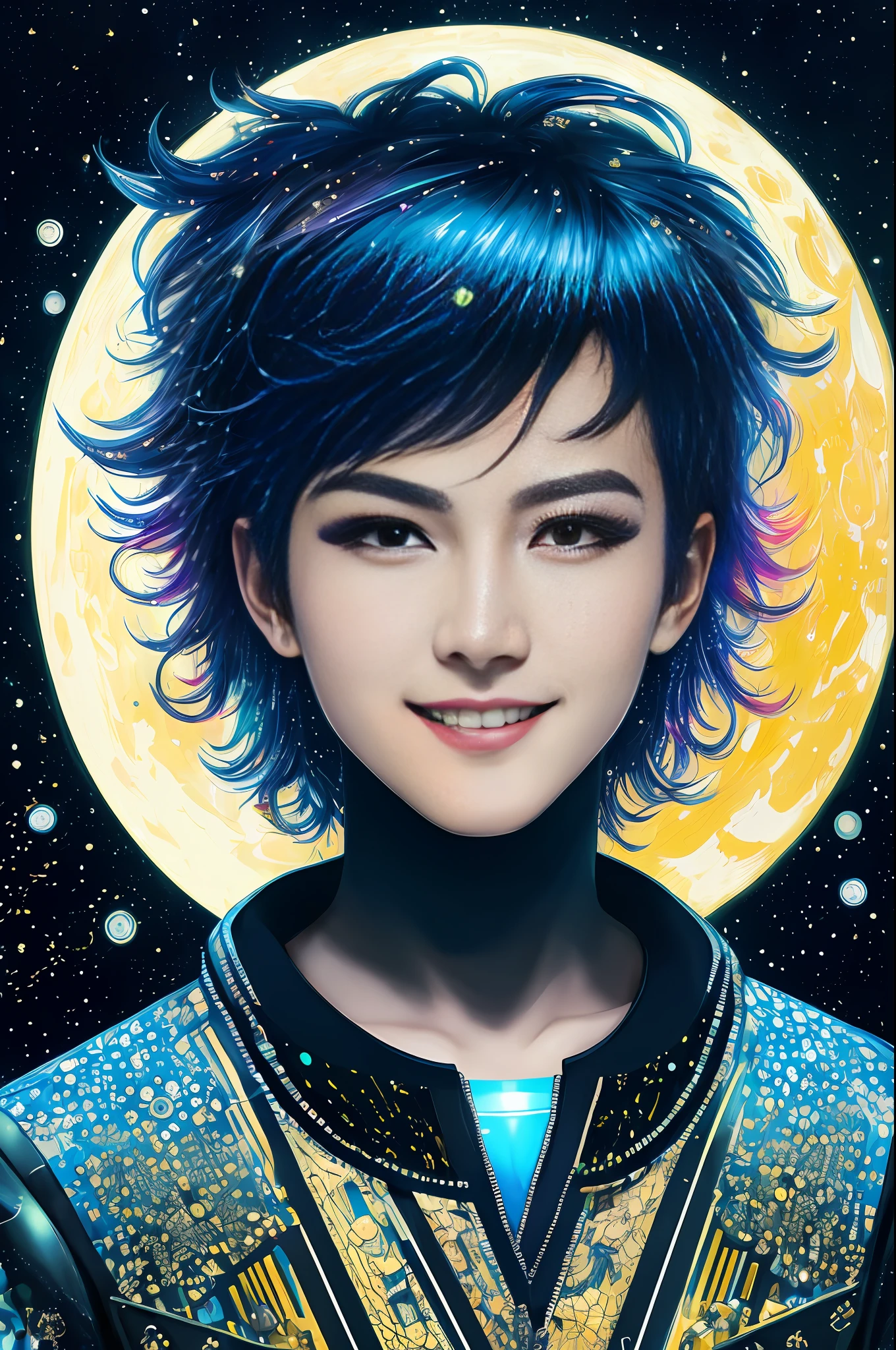 (masterpiece), (best quality), (magnificent art), 1boy, cyberpunk character, by Barbara Takenaga, smiling happily, (splendid face, hyper detailed, symmetrical, gorgeous: 1.07), glittering hair, clothes reflecting moonlight, full moon night