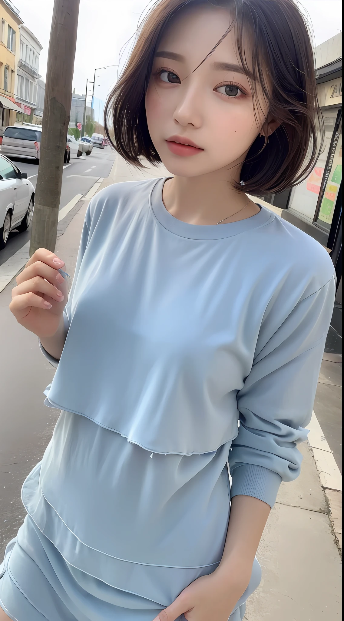 ((Top Quality, 8k, Masterpiece: 1.3)), Focus: 1.2, Cute Girl One, Perfect Body Beauty: 1.4, Ass: 1.2, ((Layered Haircut, Small: 1.2)), (Wet Clothes: 1.1), (Street: 1.3), See-Through Dress: 1.1, Highly Detailed Face and Skin Texture, Detailed Eyes, Double Eyelids, Whitening Skin,
