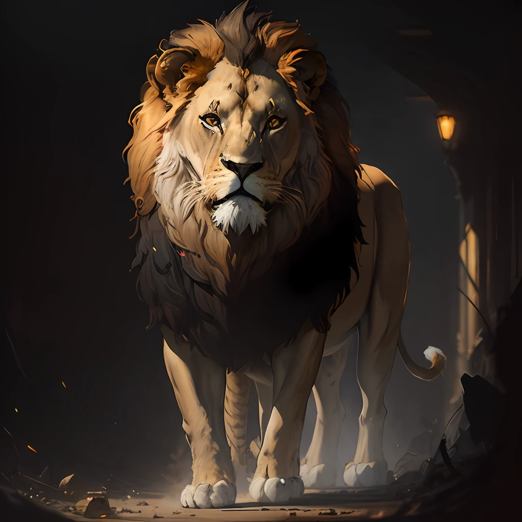 masterpiece, best quality, ((well detailed lion)), (extremely detailed 8k CG unit wallpaper), professional majestic oil painting by Ed Blinkey, Atey Ghailan, Studio Ghibli, by Jeremy Mann, Greg Manchess, Antonio Moro, trend in ArtStation, trends in CGSociety, Intricate, High Detail, Sharp Focus, dramatic and photorealistic painting art by midjourney and greg rutkowski