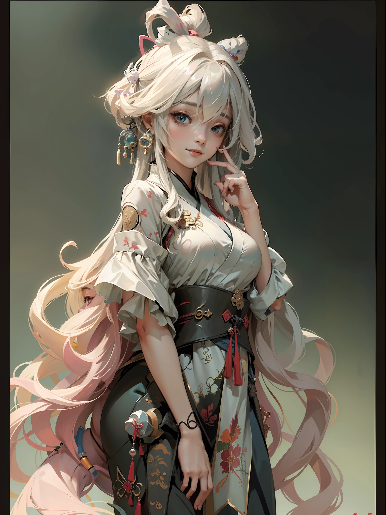 Official Art, Unified 8K Wallpapers, Ultra Detailed, Beautiful and Aesthetic, Masterpiece, Best Quality, (Zentangle, Tangle, Entangle), (fractal art: 1.4), 1girl, very detailed, dynamic angle, cowboyshot, (most beautiful form chaos), ethereal, (bright colors), oc, (full body: 0.8), china, (thangka flying sky: 1.5), (ribbon: 1.3), (dream: 1.5), (hanfu: 0.7), (smile: 0.5), (Chinese deity), upper body close-up