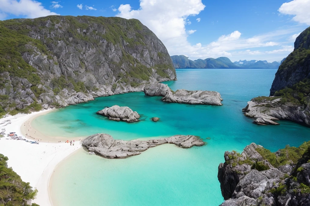 (A stunning) fjord beach, (crystal-clear water), (pristine white sand), (rocks formations), (gentle waves), (cloudless sky),(sunbathers lounging on the sand),(diving from the rocks), (splashing in the water)
