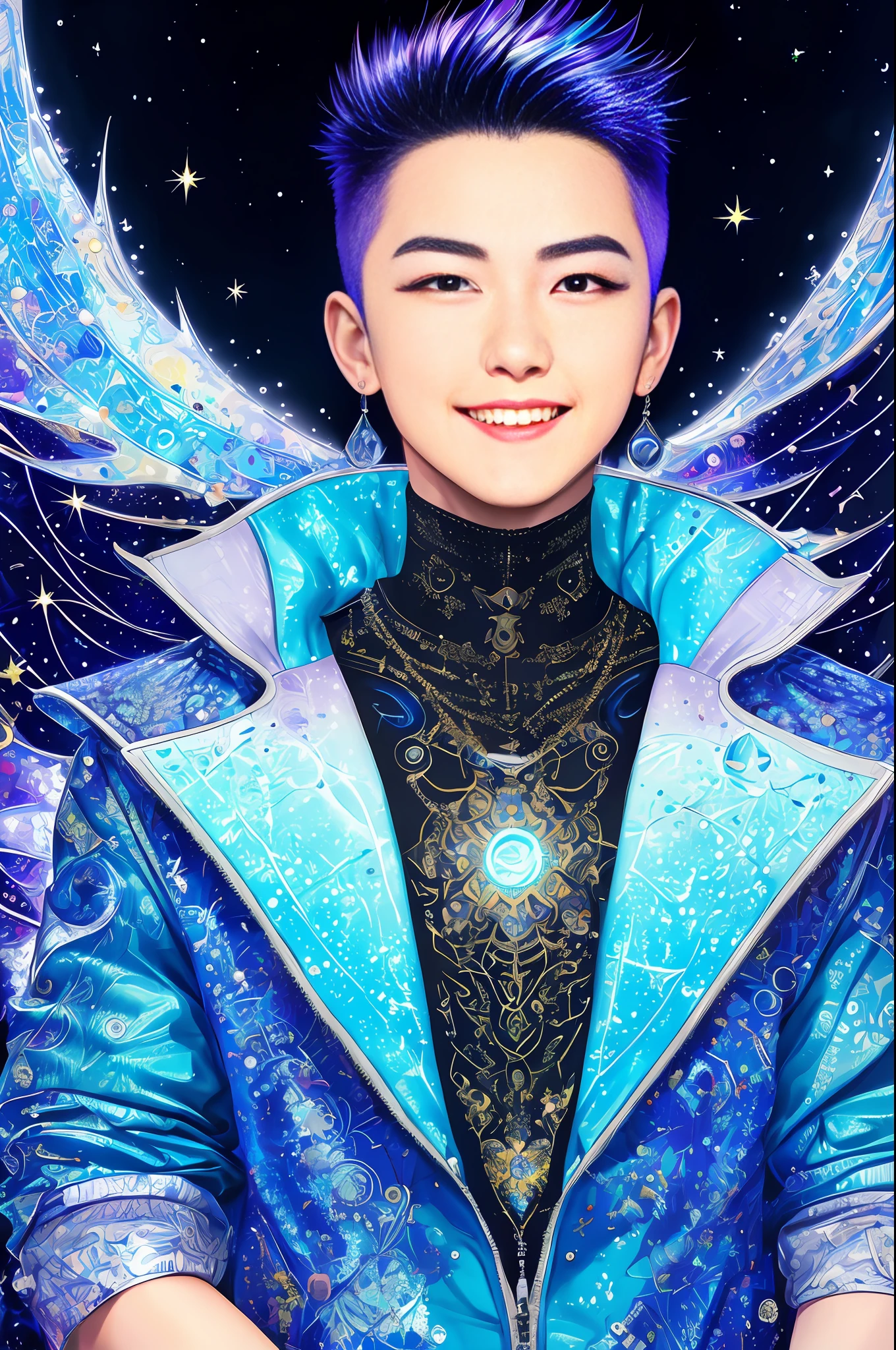 (masterpiece), (best quality), (magnificent art), 1boy, cyberpunk character, by Barbara Takenaga, smiling happily, (splendid face, hyper detailed, symmetrical, gorgeous: 1.07), glittering hair, clothes reflecting moonlight, full moon night