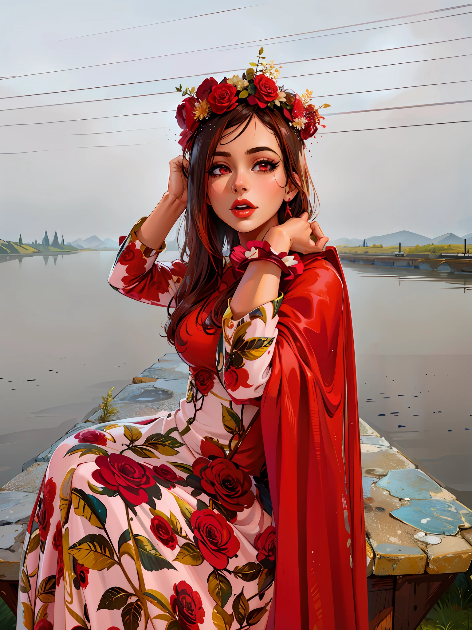 (masterpiece),(best quality:1.0), (ultra highres:1.0), detailed illustration, 8k, anime, 1girl, beautiful anime girl, wearing a red dress, flower crown, pretty face, detailed face, beautiful eyes, detailed eyes, dark red eyes, bright red lips, red lipstick, beautiful stylish hair, highlights in hair, bangs anime style, best quality, vibrant
