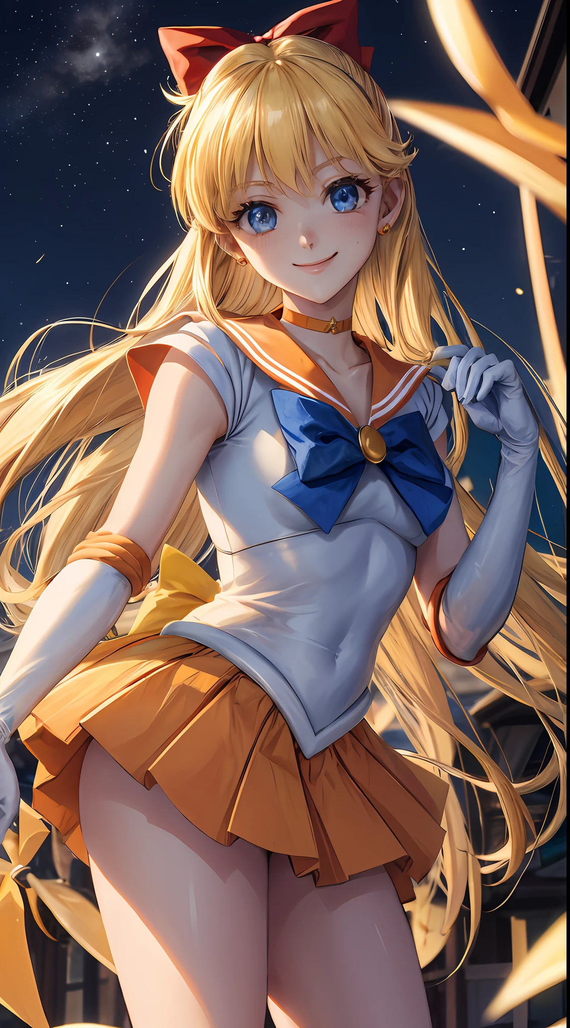 Masterpiece, Best Quality, High Resolution, Venus1, 1Girl, Solo, Sailor Warrior Uniform, Sailor Venus, Minako Aino, Blonde, Magical Girl, Blue Eyes, Orange Skirt, Elbow Gloves, Headgear, Pleated Skirt, Bow, Orange Sailor Collar, Miniskirt, Choker, Red Bow, Orange Choker, White Glove, Extra Long Hair, Jewelry, Earrings, Cowboy Gun, Smile, Outdoor, Street, Run