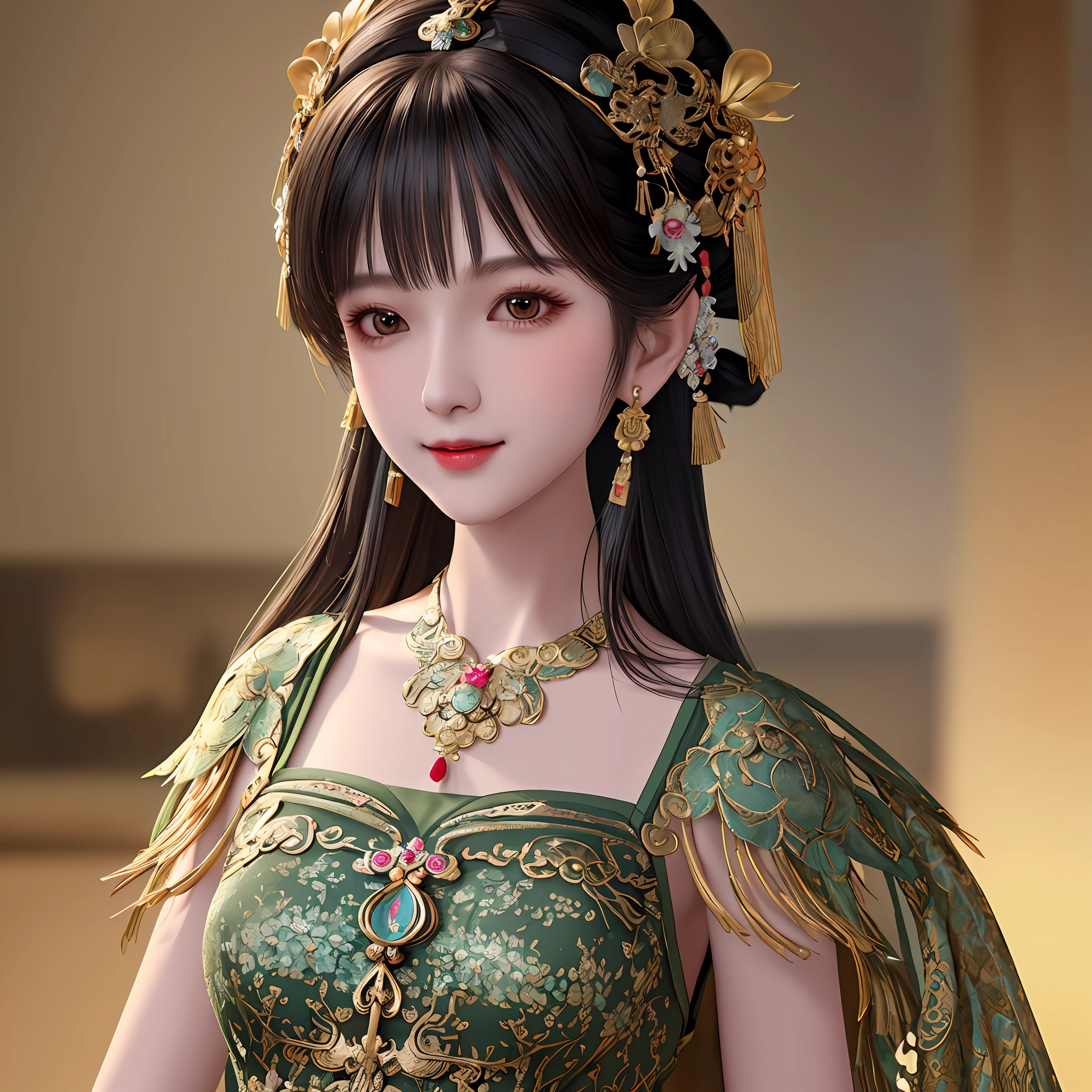 Best quality, masterpiece, detailed skin texture, detailed cloth texture, detailed face, super detail, 8k, intricate detail, 1girl, black hair, bangs, ancient Chinese background, thin, collarbone, headdress, earrings, bun, hair ornament, jewelry necklace, smile, full body photo