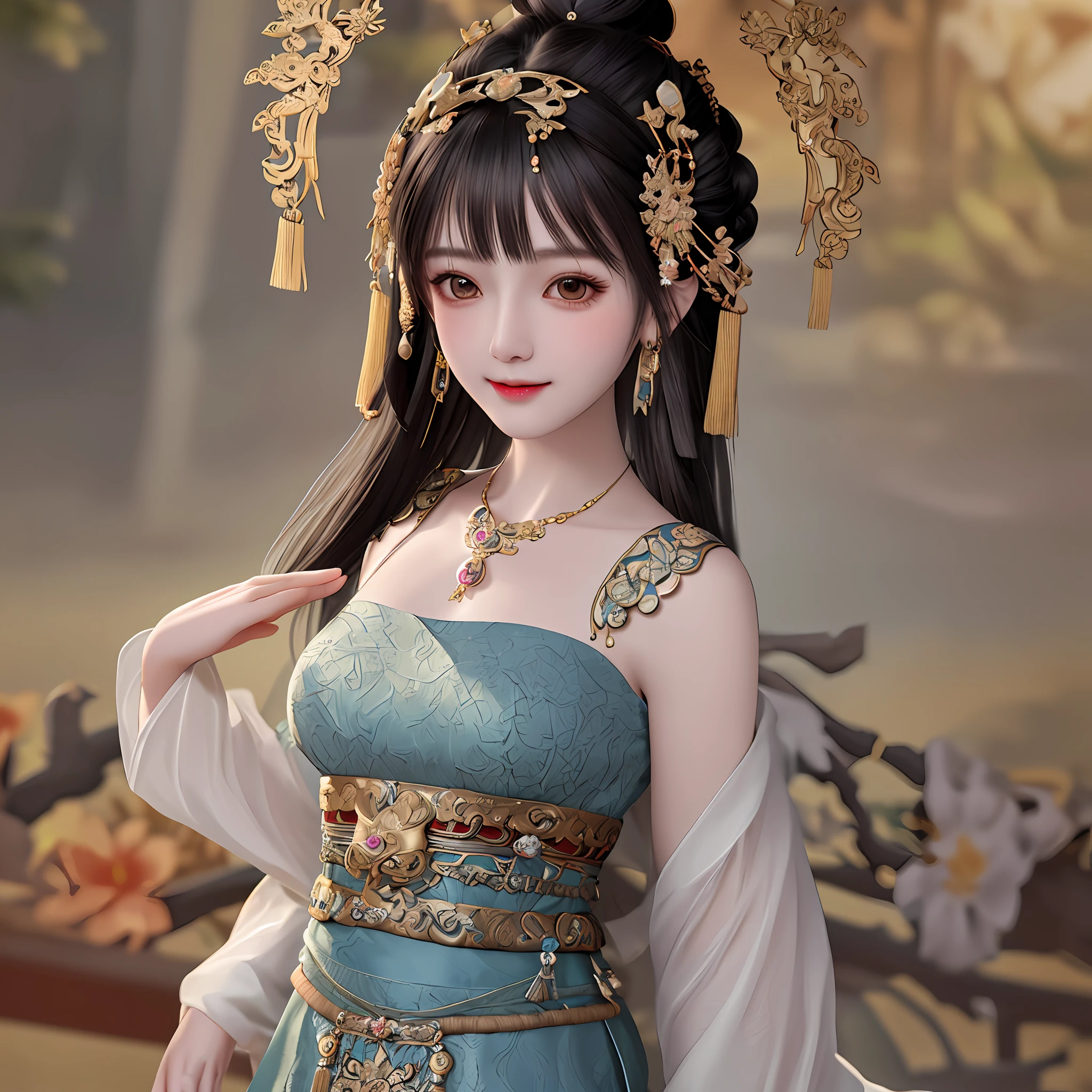 Best quality, masterpiece, detailed skin texture, detailed cloth texture, detailed face, super detail, 8k, intricate detail, 1girl, black hair, bangs, ancient Chinese background, thin, collarbone, headdress, earrings, bun, hair ornament, jewelry necklace, smile, full body photo