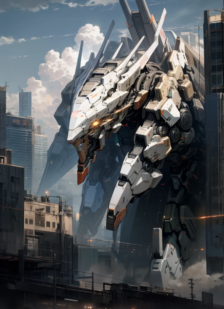 sky, cloud, holding_weapon, no_humans, glowing, , robot, building, glowing_eyes, mecha, science_fiction, city, realistic,mecha