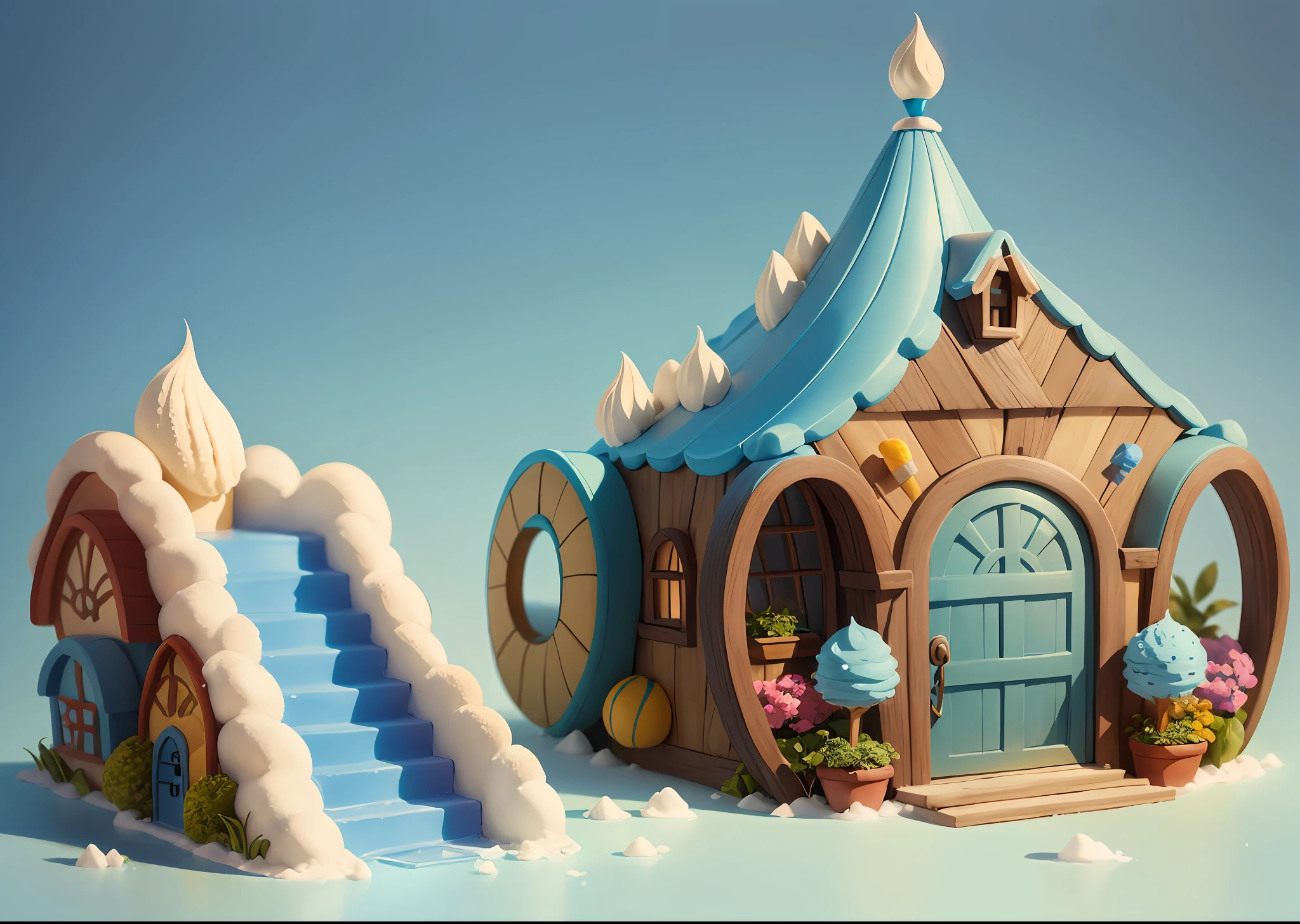 Fantasy hut, ice cream hut, main body is ice cream, ice cream with windows, doors, stairs, small yard, creative, cartoon style, colorful cubes, ice cubes, cold air, --v 6