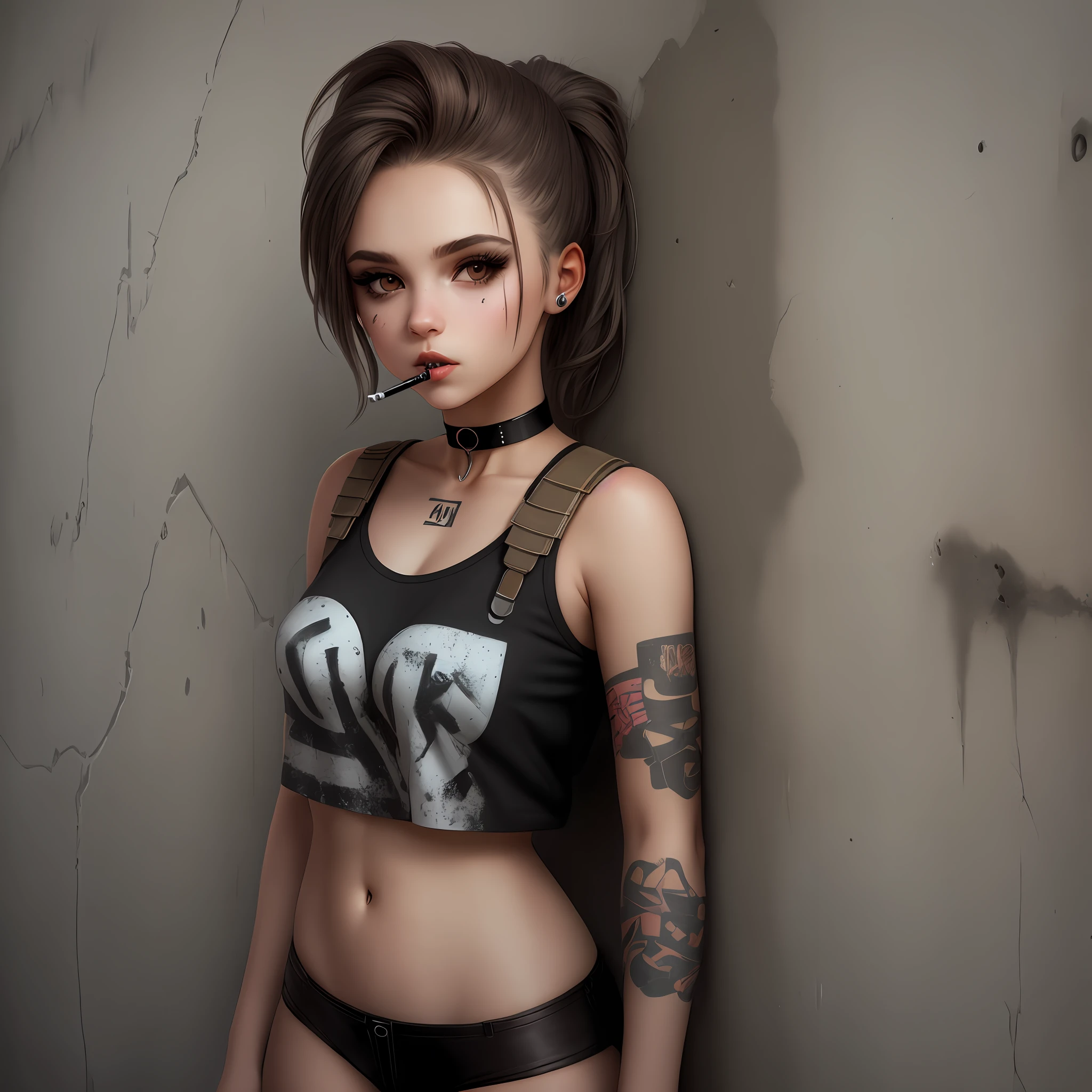 detailed, concrete, urban, industrial, graffiti, 1girl, against wall, upper body, smoking, brown eyes, choker,