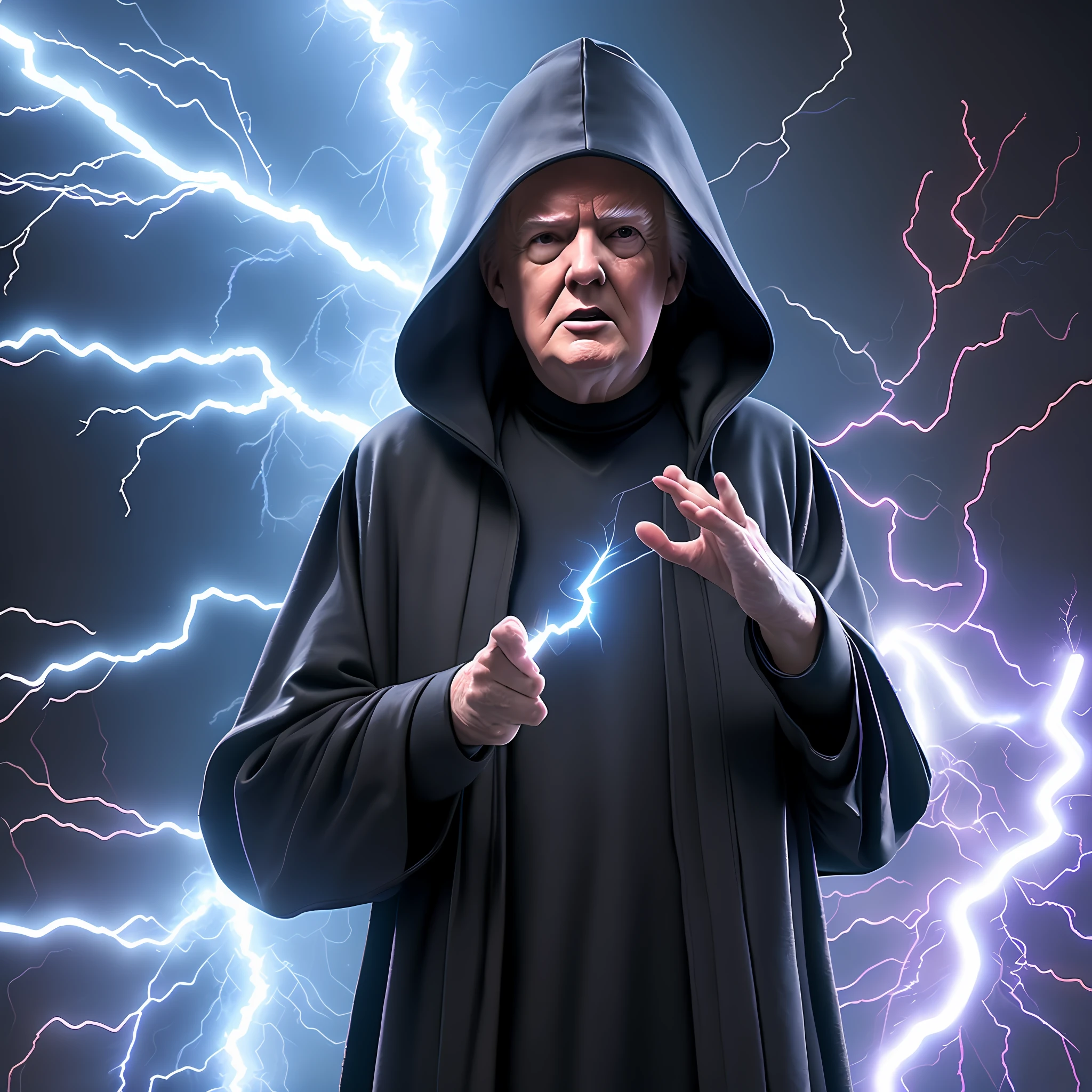 Trump plays Palpatine, wearing a black hood and releasing lightning bolts with his fingers, real, life-life UHD, masterpiece, ccurate, textured skin, super detail, best quality, high quality, high details, 4K