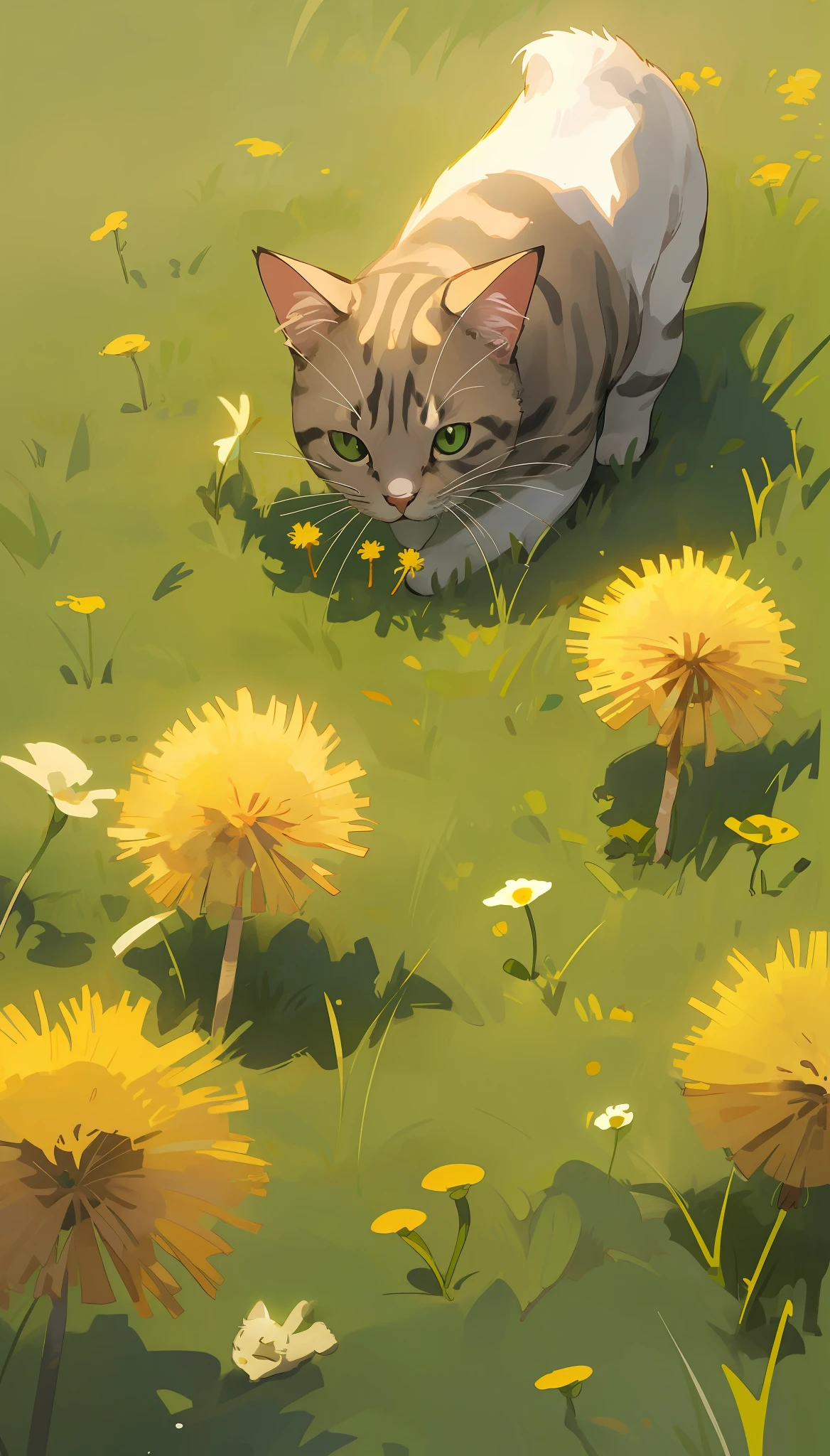 A cat smelling a dandelion, grass, farm, Masterpiece, best quality, (very detailed CG 8k wallpaper), (best quality), (best illustration), (best shadows)