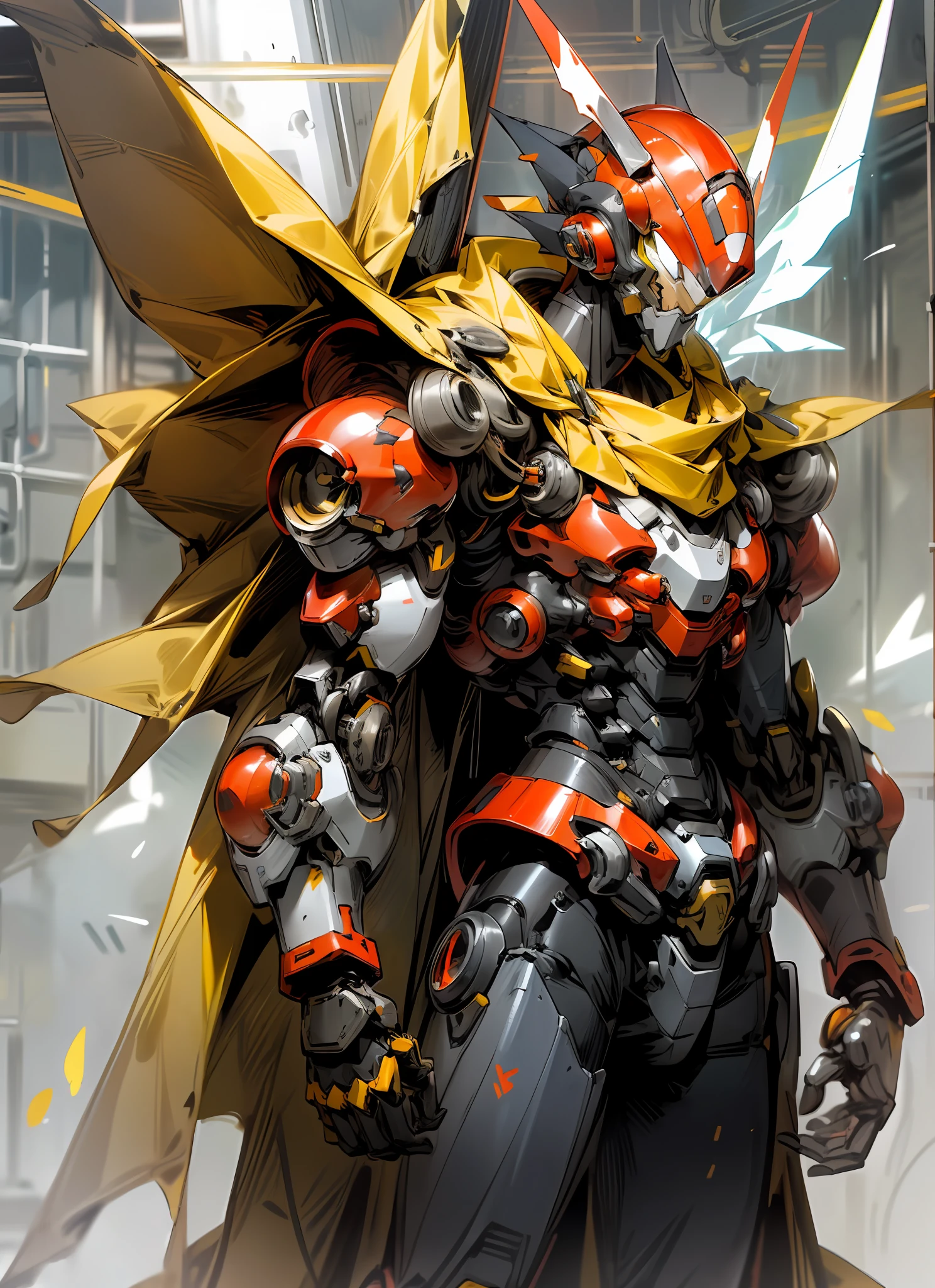 Dark_Fantasy, cyberpunk, (protoman from Megaman, red and gray armor, fluttering yellow cape, helmet, : 1.1), 1man, mechanical wonder, robotic presence, cybernetic guardian, booster,