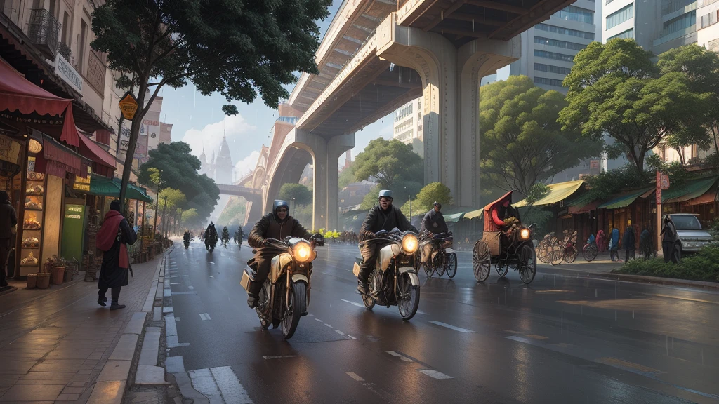 bear riders, unobstructed road, in city street, view from the streets,
charging through city, busy street, rainy days,
interesting composition,((masterpiece)),((best quality)),((high detial)),((realistic,))
futuristic city, architectural streets, bazaars, Bridges, steampunk, European architecture.