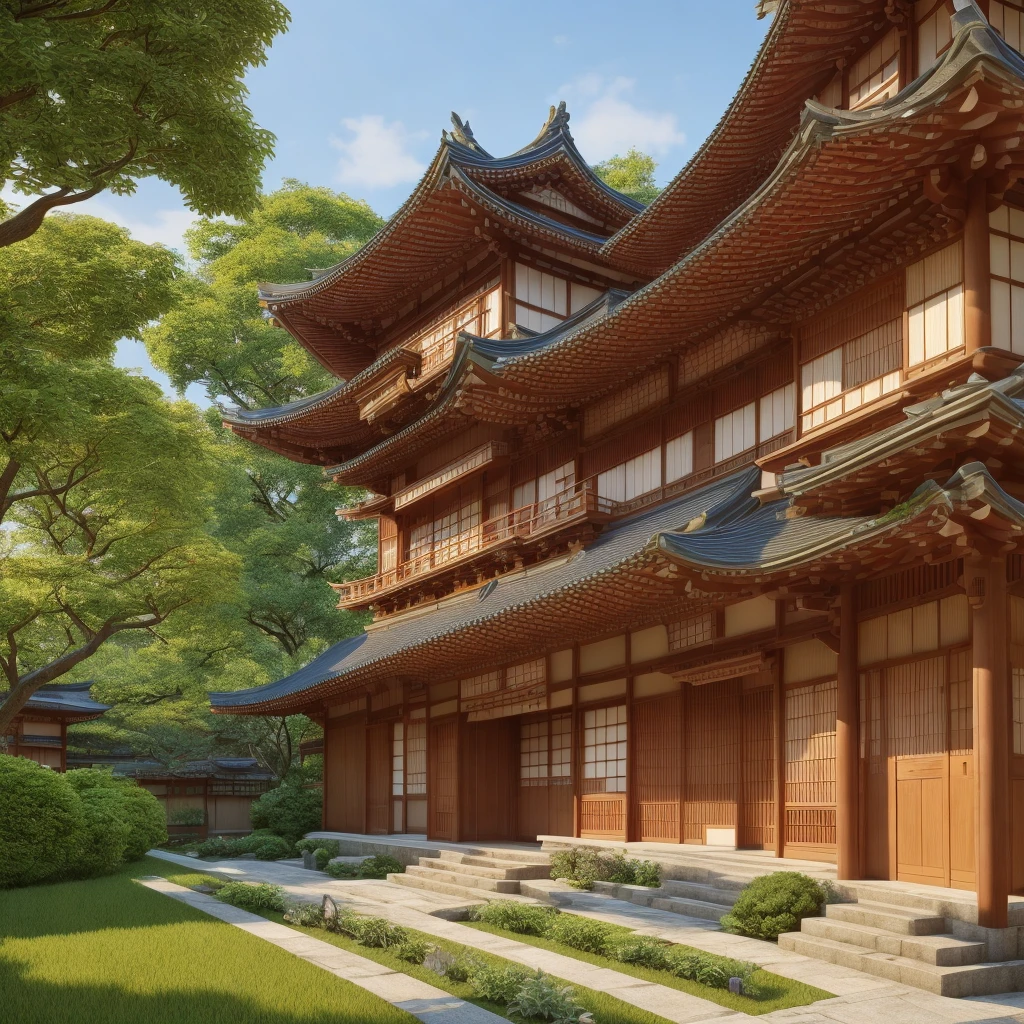 (masterpiece),(high quality), best quality, real,(realistic), super detailed, (full detail),(4k),8k,no humans, scenery, building, Japanese architecture, cloud, sky, east asian architecture, outdoors, day, small trees, small trees, no floating houses, realistic, 3D model HD rendering, building rendering, right Angle isometric view, 45 degree Angle, high detail, film, global lighting, reality lighting, Unreal Engine rendering, Substance 3D, Octane rendering, (hdr:1.3), one house, one floor only, traditional Japanese houses,