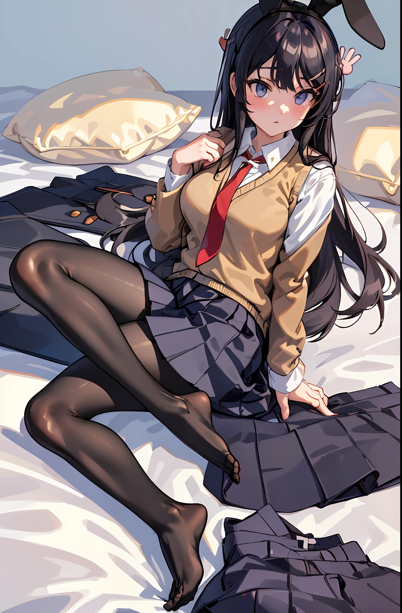 (masterpiece,best quality, detailed), solo, indoors, lying, on side, on bed, bed, 
sakurajima mai, red necktie, white shirt, blue skirt, sweater vest, hairclip, rabbit hair ornament, black pantyhose, barefoot