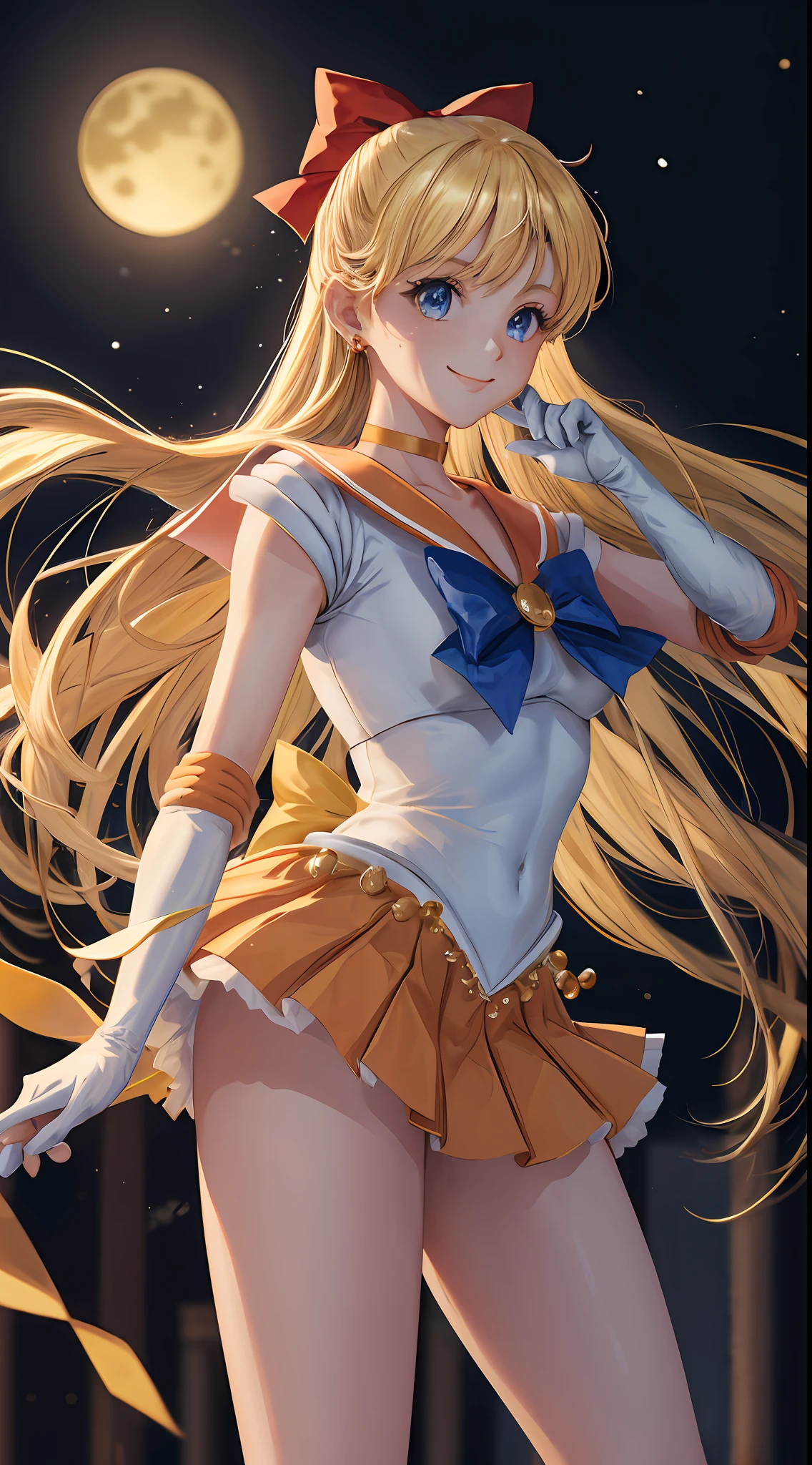 Masterpiece, Best Quality, High Resolution, Venus1, 1Girl, Solo, Sailor Warrior Uniform, Sailor Venus, Minako Aino, Blonde, Magical Girl, Blue Eyes, Orange Skirt, Elbow Gloves, Headgear, Pleated Skirt, Bow, Orange Sailor Collar, Miniskirt, Choker, Red Bow, Orange Choker, White Gloves, Extra Long Hair, Jewelry, Earrings, Cowboy Gun, Smile, Outdoor, Street, Run, Jump