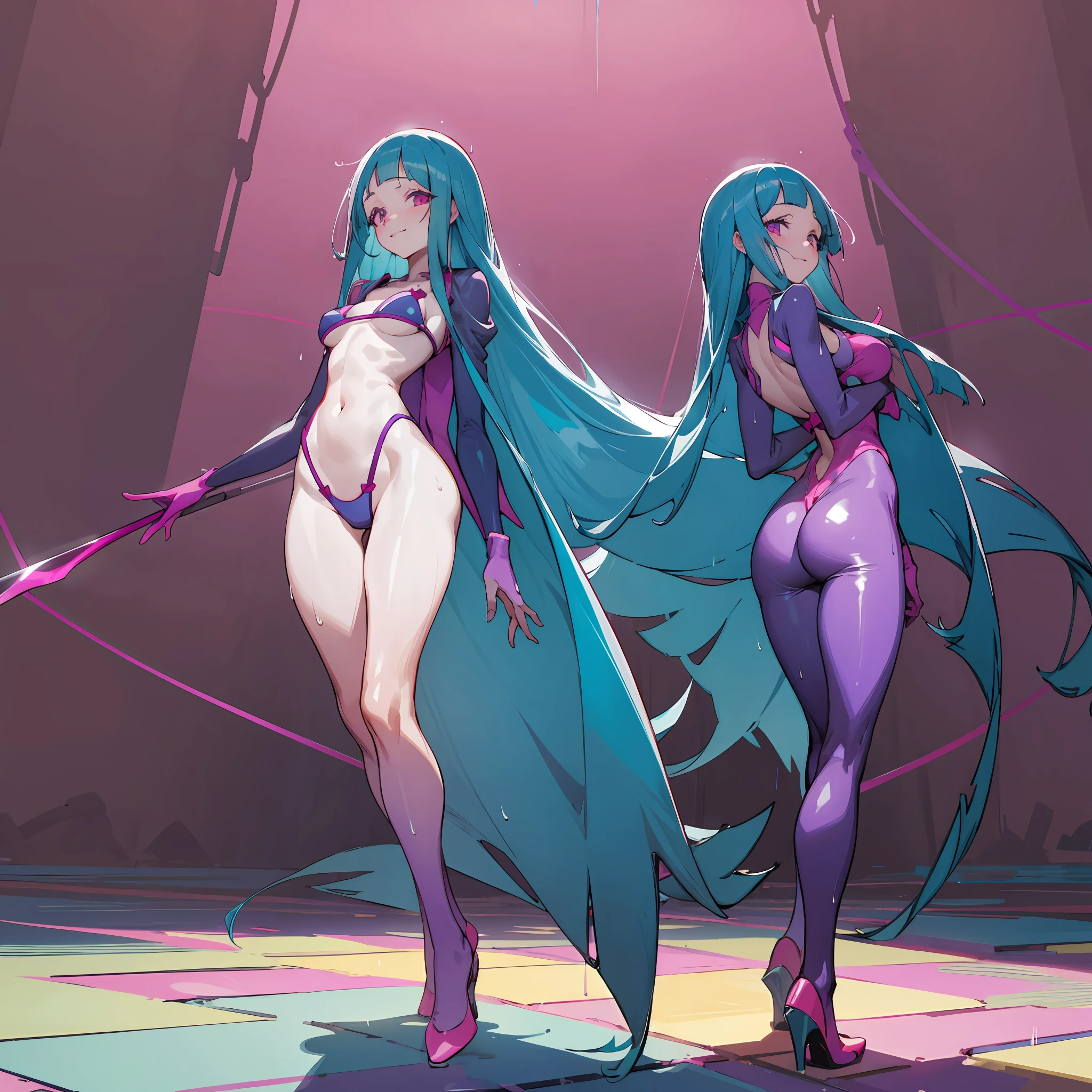 perfect anatomy, 1girl, solo, mememe, long hair, aqua hair, blunt bangs, pink eyes, micro blue bikini, purple sleeves, purple tights, full body, walking in public, smiling, solid suit, jacket, beautiful, masterpiece, very shiny body, bright colors, simple background, perfect lighting, perfect shadows, perfect eyes, perfect hair, perfect body, looking at the viewer, wet, heart-shaped pupils,  standing, slim, standing with your back to the viewer, wet, best quality, detailed image, colorful, gorgeous body, hourglass body, standing your booty directly towards the viewer, standing backwards, incredibly shiny body, one girl, one character, solo, 1girl, beautiful, masterpiece, detailed image, colorful, detailed face, perfect lighting, perfect shadows, perfect eyes, girl focus, perfect hair, pupils of different colors, flawless face, shiny body,  1girl, solo, center focus, sweat, wet, heart-shaped pupils, incredibly shiny body