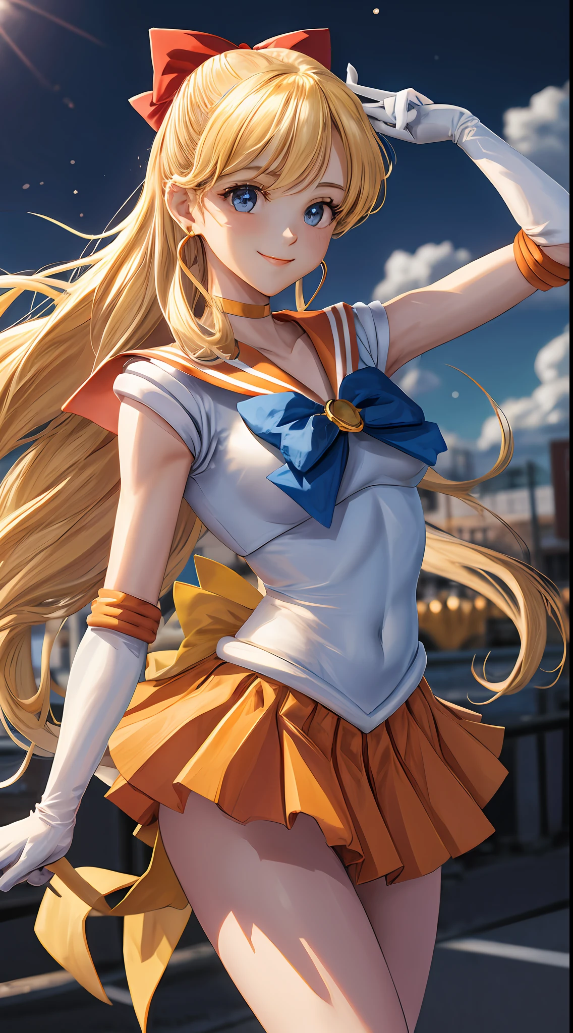 Masterpiece, Best Quality, High Resolution, Venus1, 1Girl, Solo, Sailor Warrior Uniform, Sailor Venus, Minako Aino, Blonde, Magical Girl, Blue Eyes, Orange Skirt, Elbow Gloves, Headgear, Pleated Skirt, Bow, Orange Sailor Collar, Miniskirt, Choker, Red Bow, Orange Choker, White Gloves, Extra Long Hair, Jewelry, Earrings, Cowboy Gun, Smile, Outdoor, Street, Run, Jump