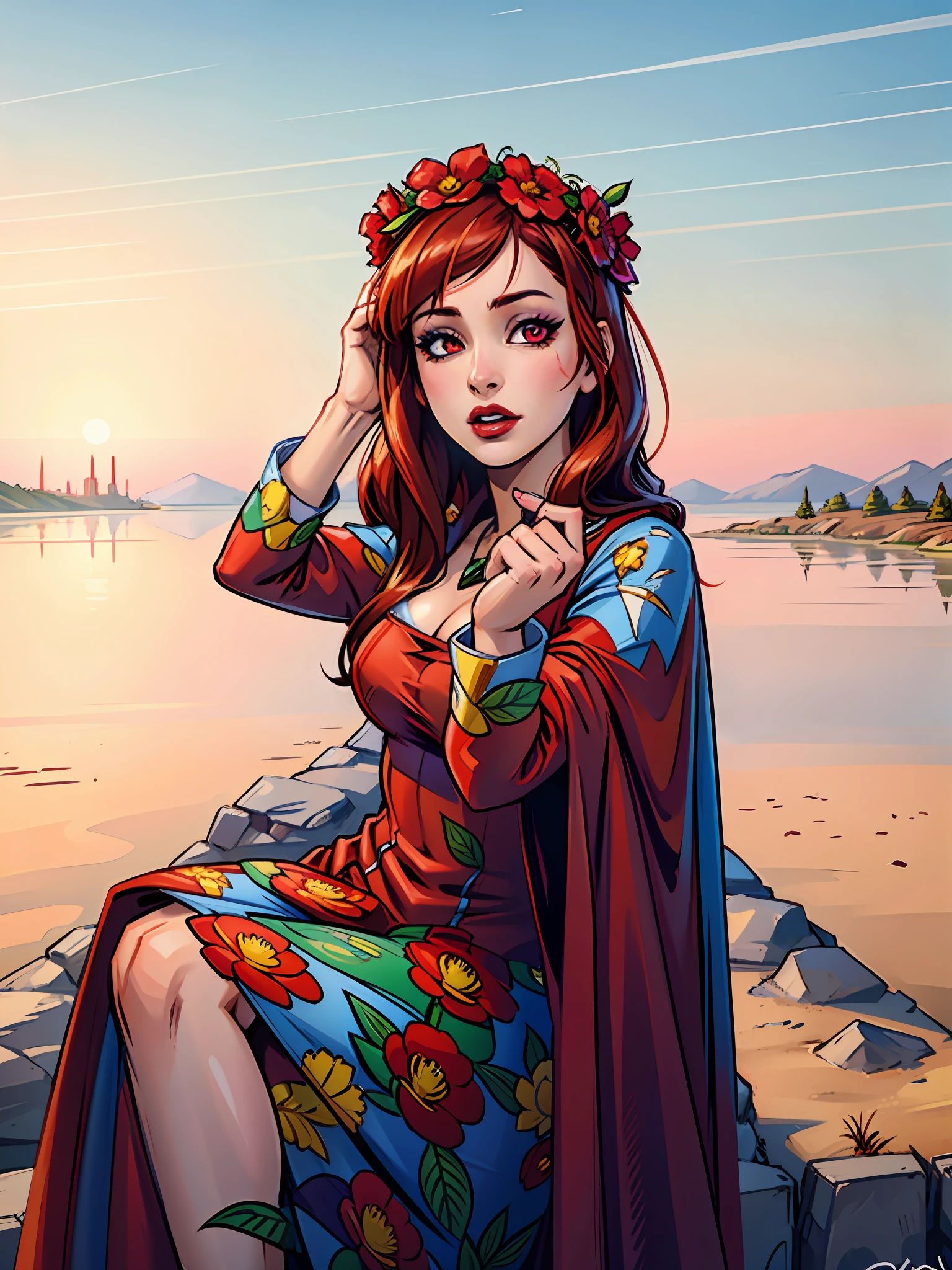 (masterpiece),(best quality:1.0), (ultra highres:1.0), detailed illustration, 8k, anime, 1girl, beautiful anime girl, wearing a red dress, flower crown, pretty face, detailed face, beautiful eyes, detailed eyes, dark red eyes, bright red lips, red lipstick, beautiful stylish hair, highlights in hair, bangs anime style, best quality, vibrant