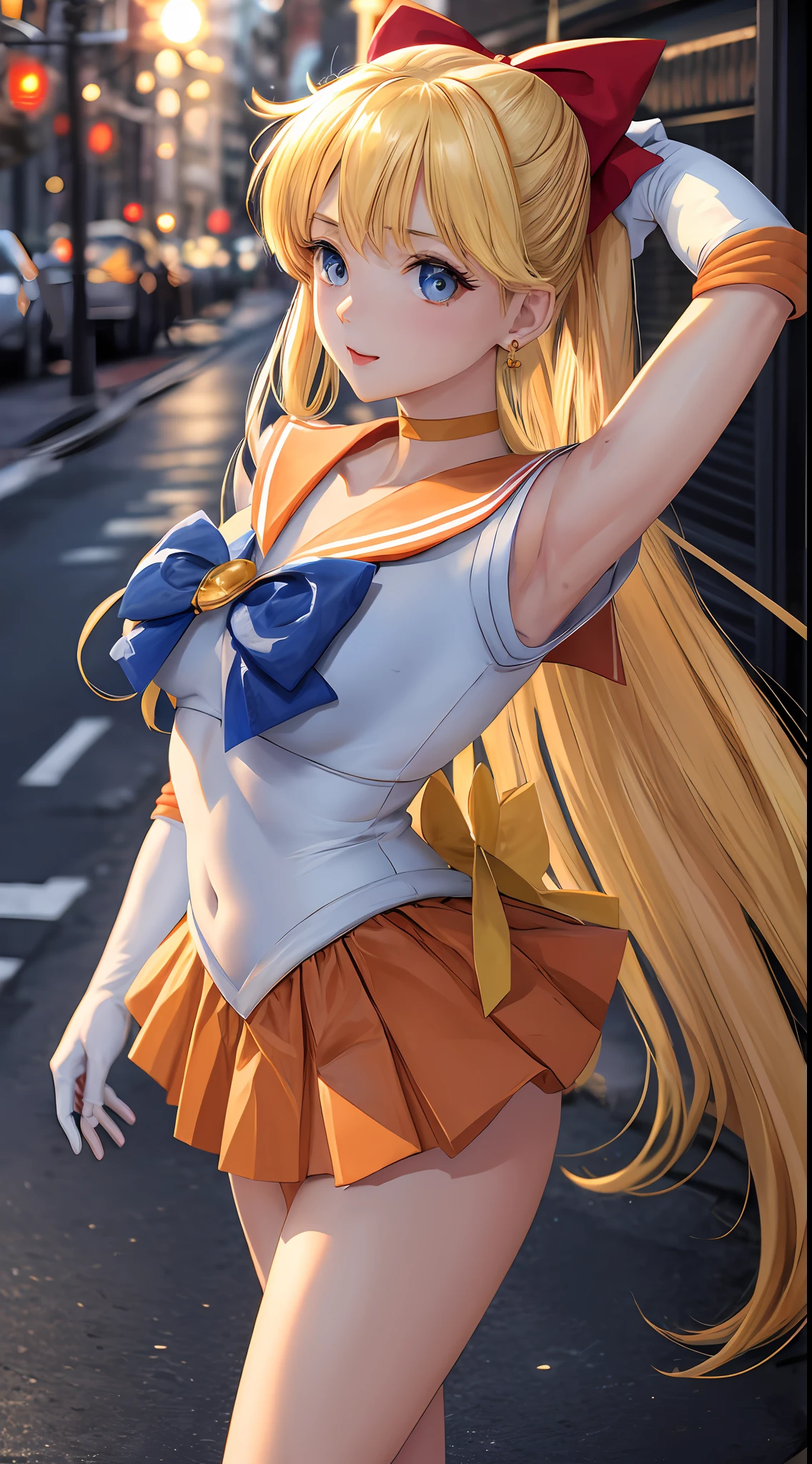 Masterpiece, Best Quality, High Resolution, Venus1, 1Girl, Solo, Sailor Warrior Uniform, Sailor Venus, Minako Aino, Blonde, Magical Girl, Blue Eyes, Orange Skirt, Elbow Gloves, Headgear, Pleated Skirt, Bow, Orange Sailor Collar, Miniskirt, Choker, Red Bow, Orange Choker, White Glove, Extra Long Hair, Jewelry, Earrings, Outdoor, Street, Walking, Front